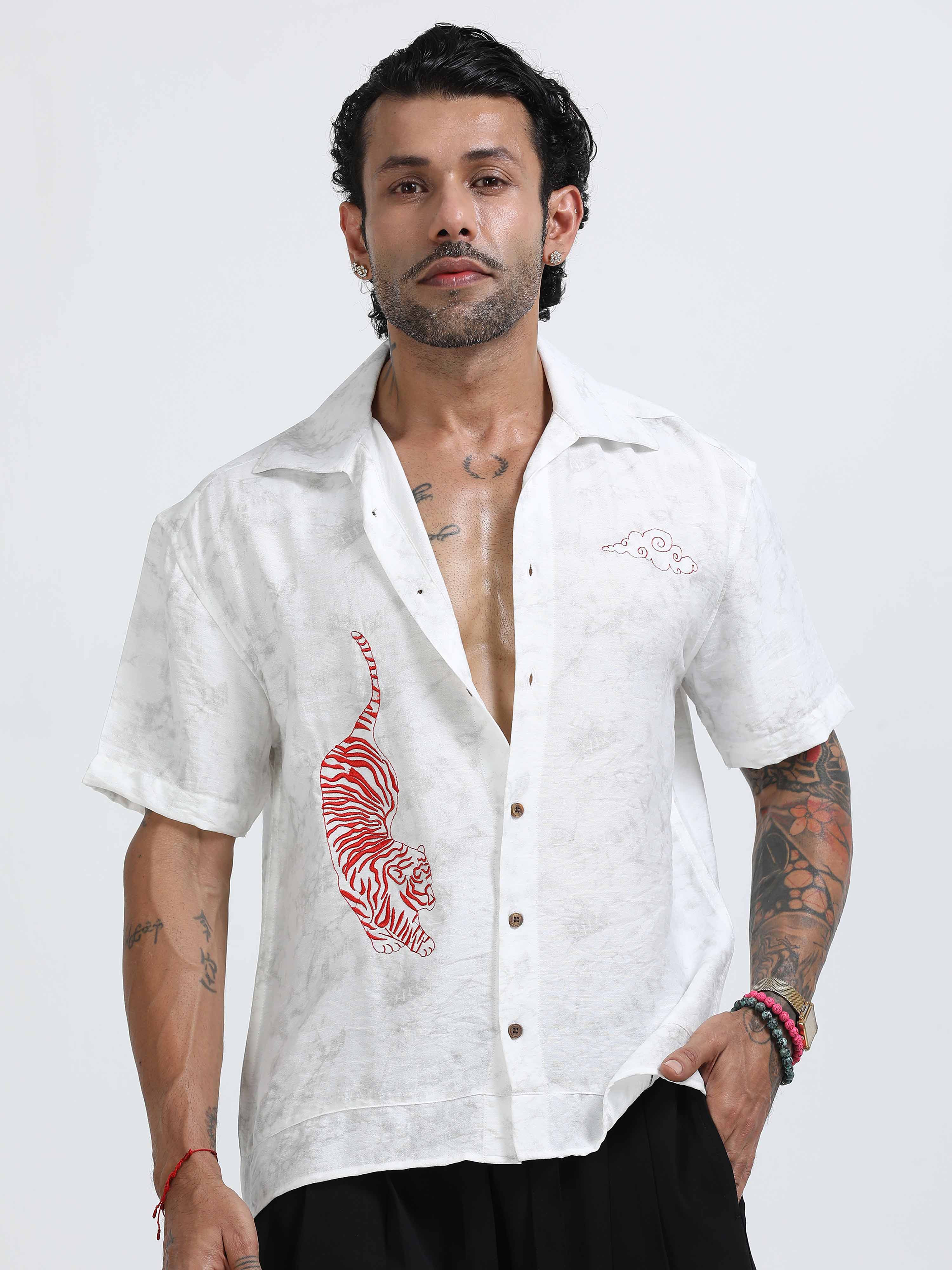 White Embroidered Shirt for men with Tiger Embroidered