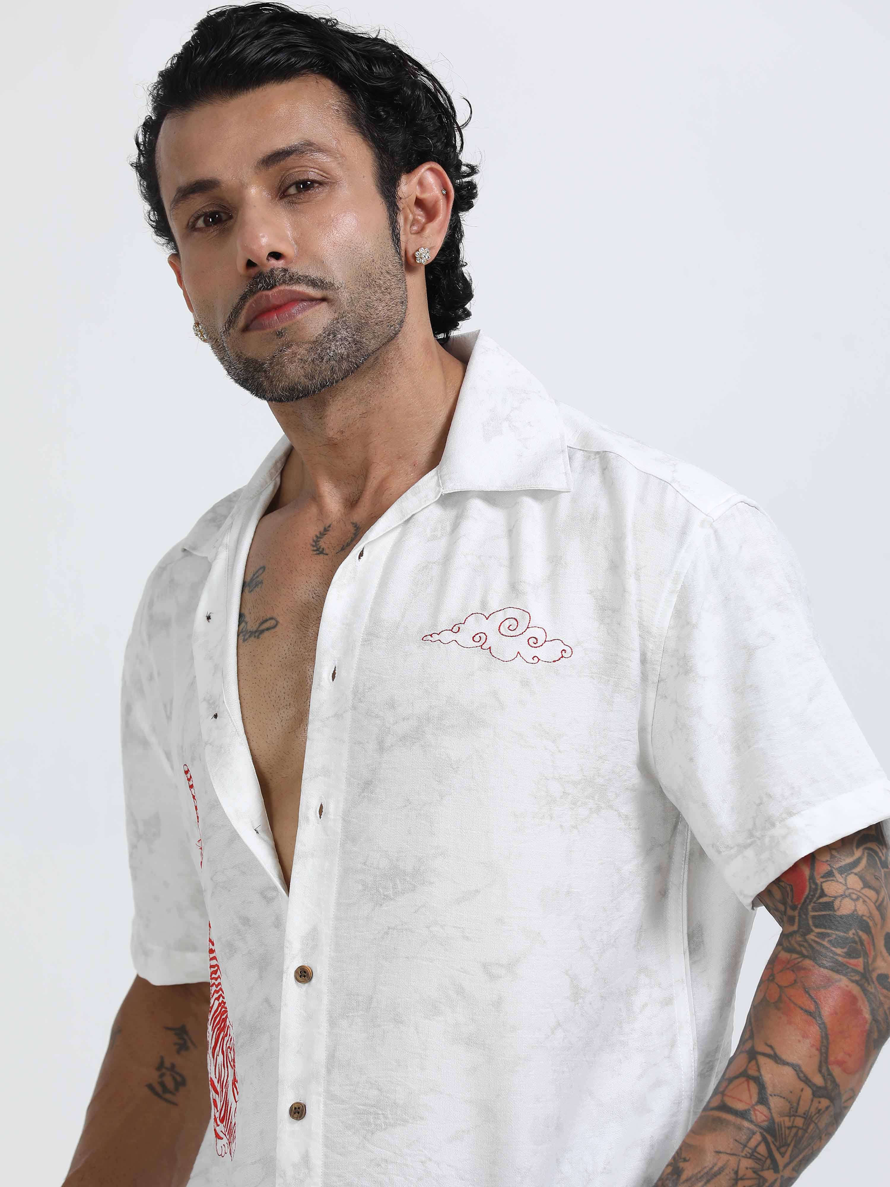 White Embroidered Shirt for men with Tiger Embroidered