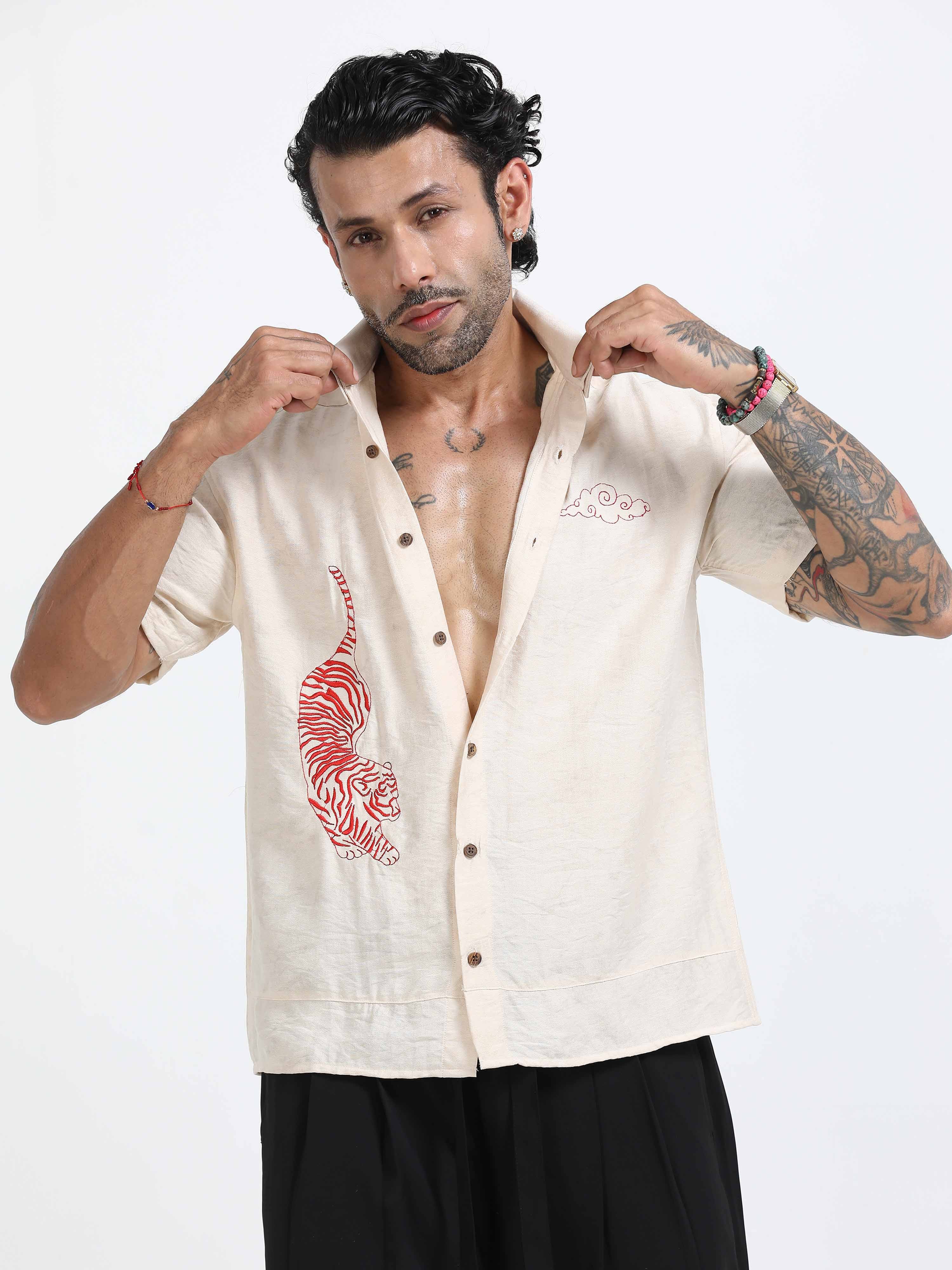 Tiger Embroidered Shirt In Cream for Mens