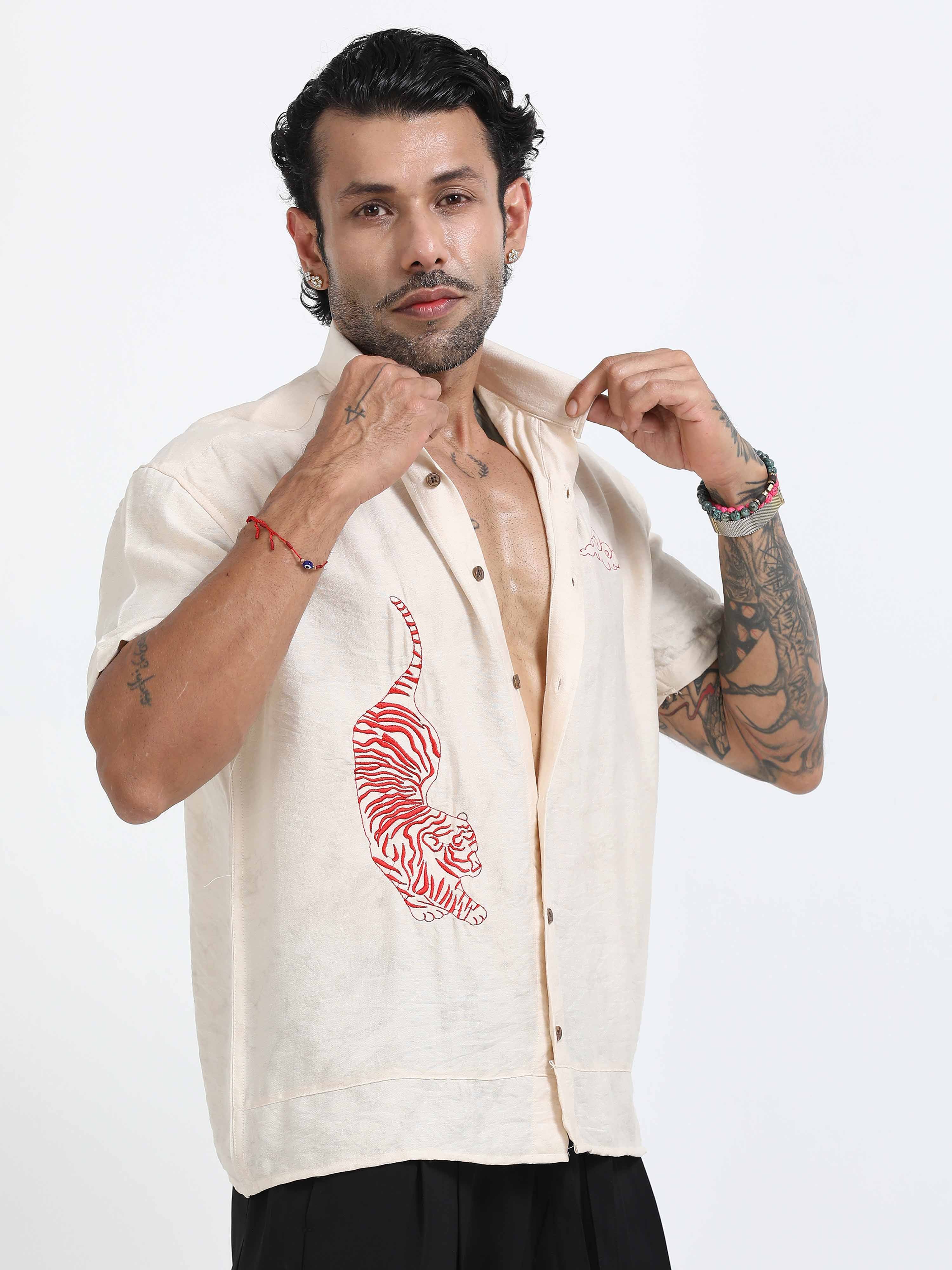 Tiger Embroidered Shirt In Cream for Mens