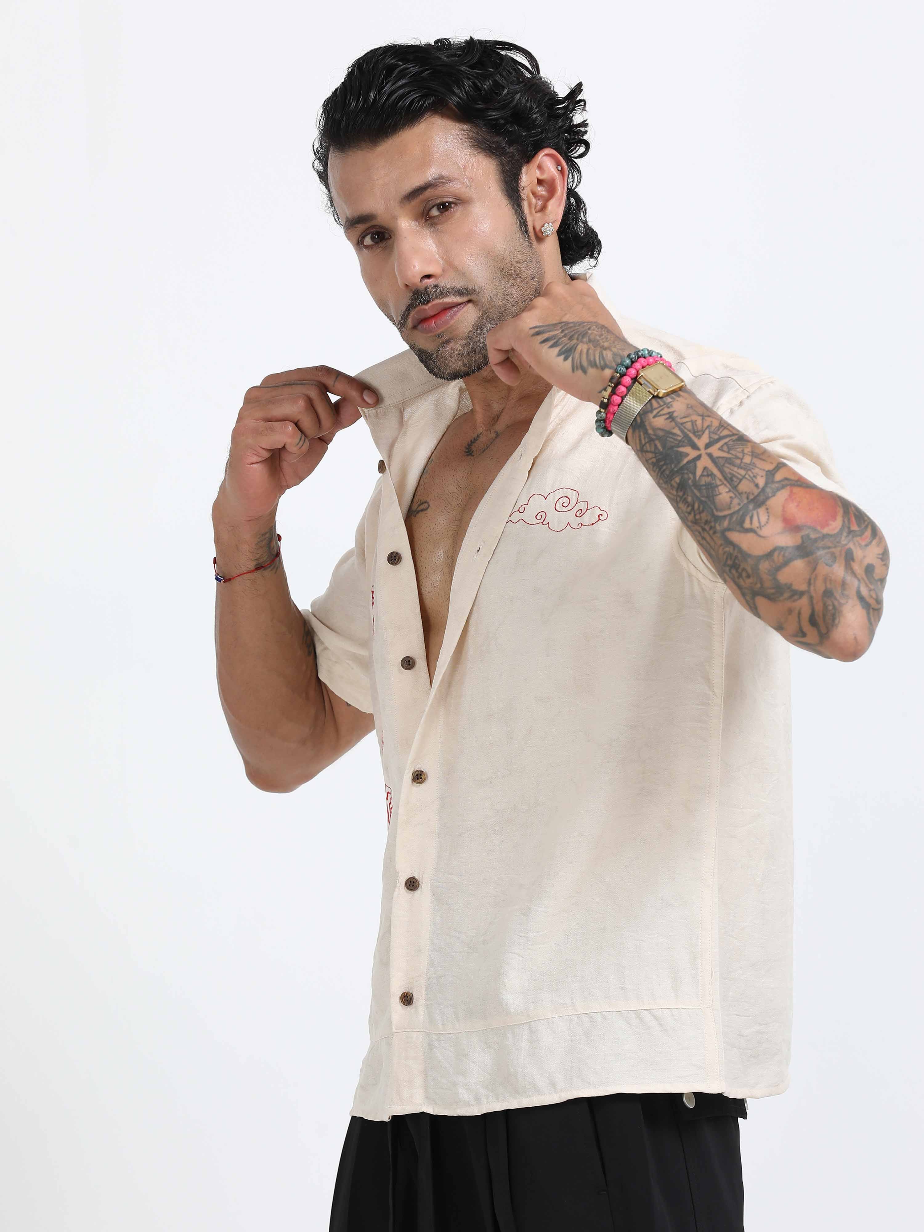 Tiger Embroidered Shirt In Cream for Mens