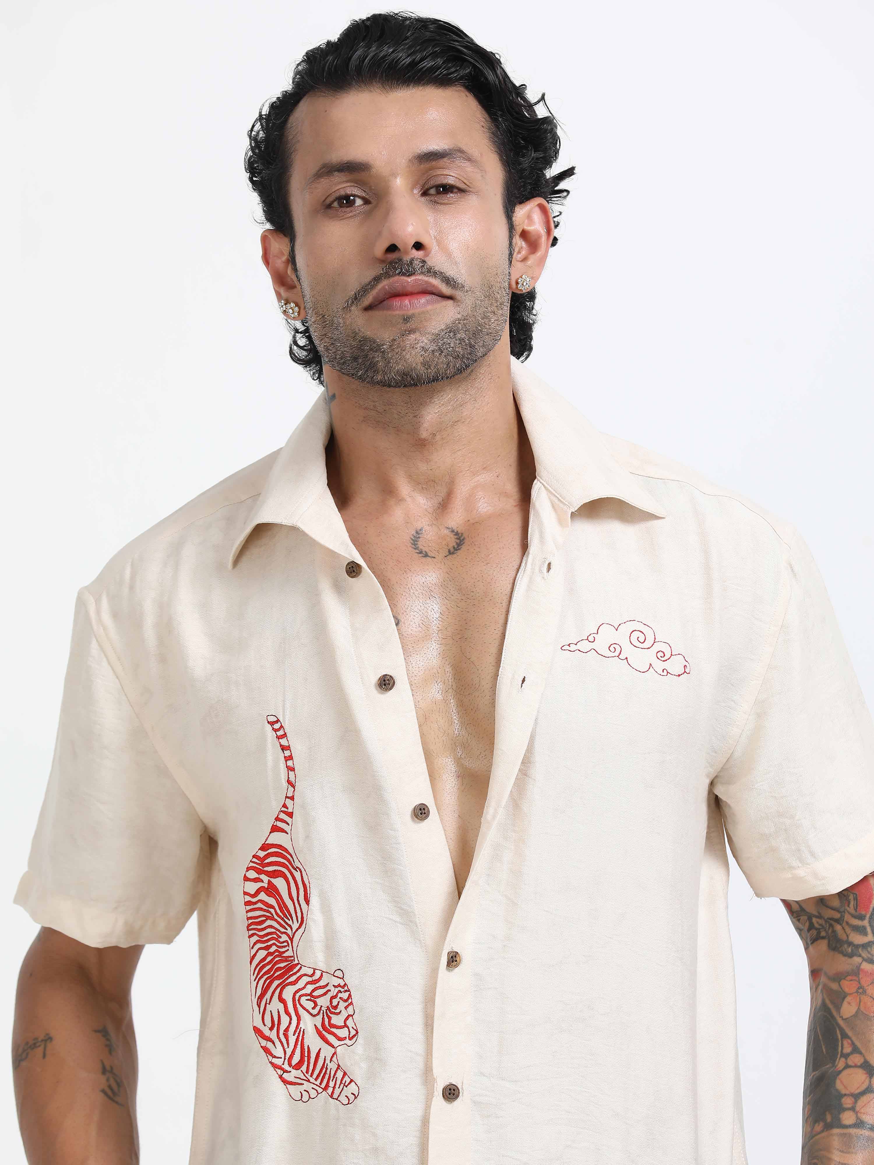 Tiger Embroidered Shirt In Cream for Mens