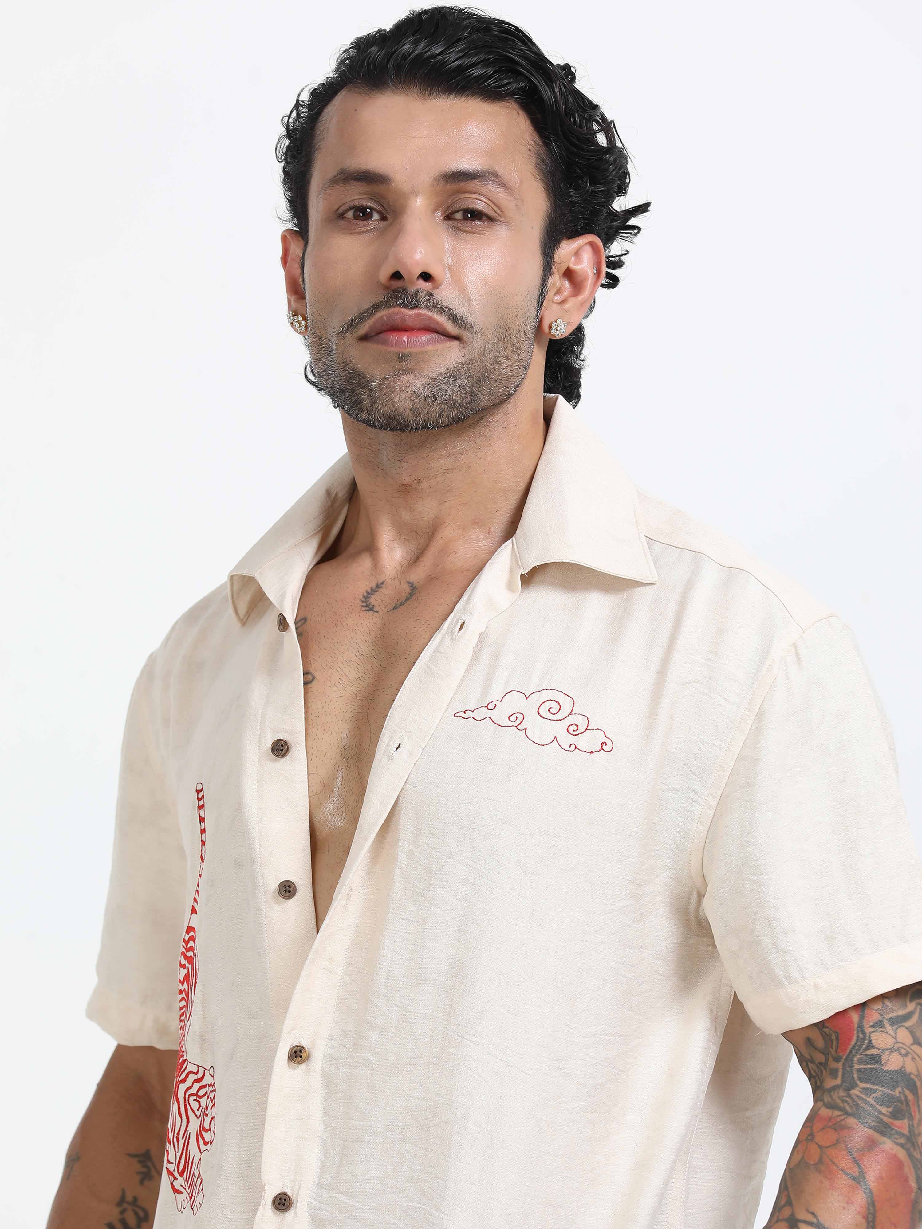 Tiger Embroidered Shirt In Cream for Mens