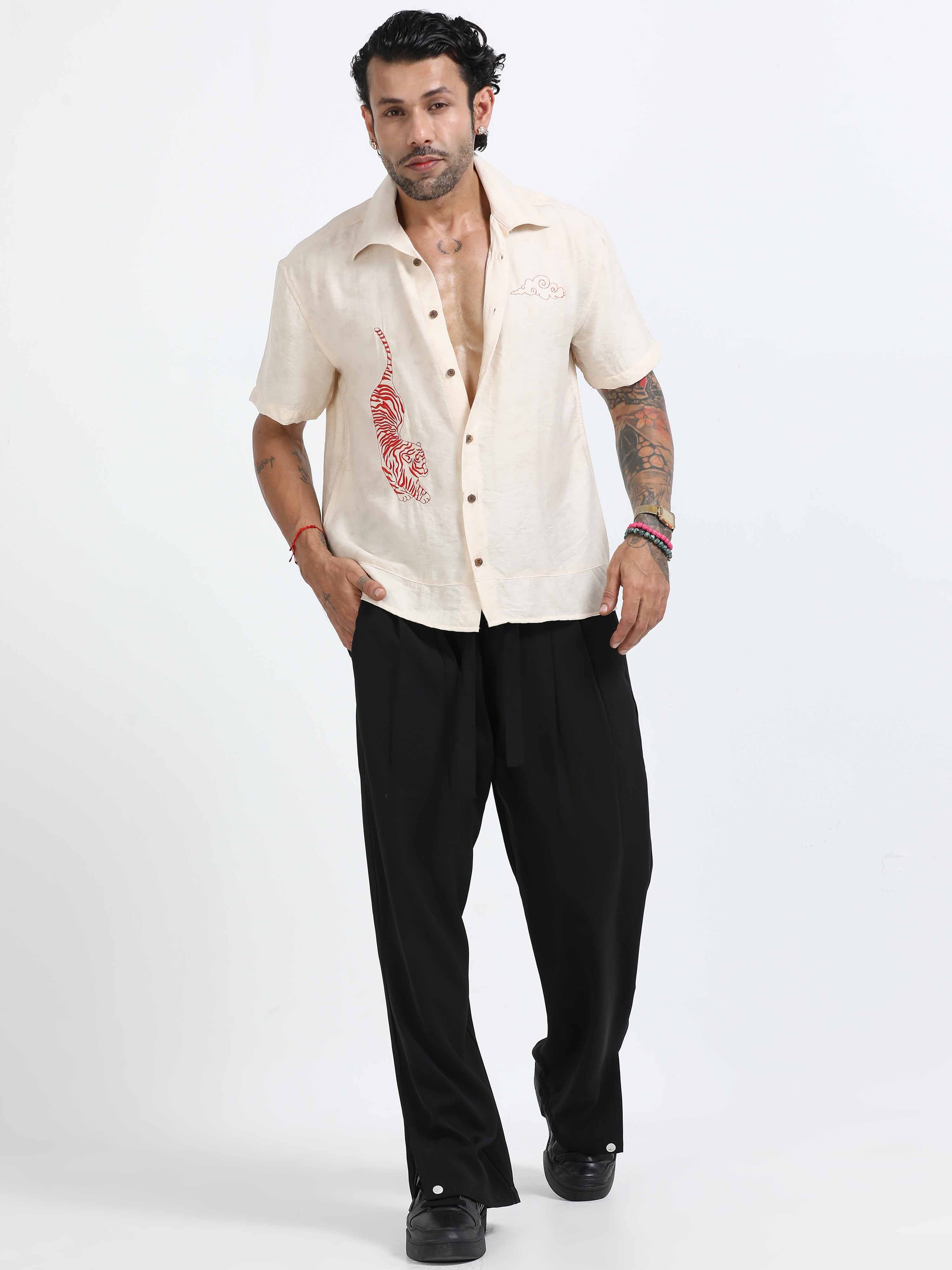 Tiger Embroidered Shirt In Cream for Mens