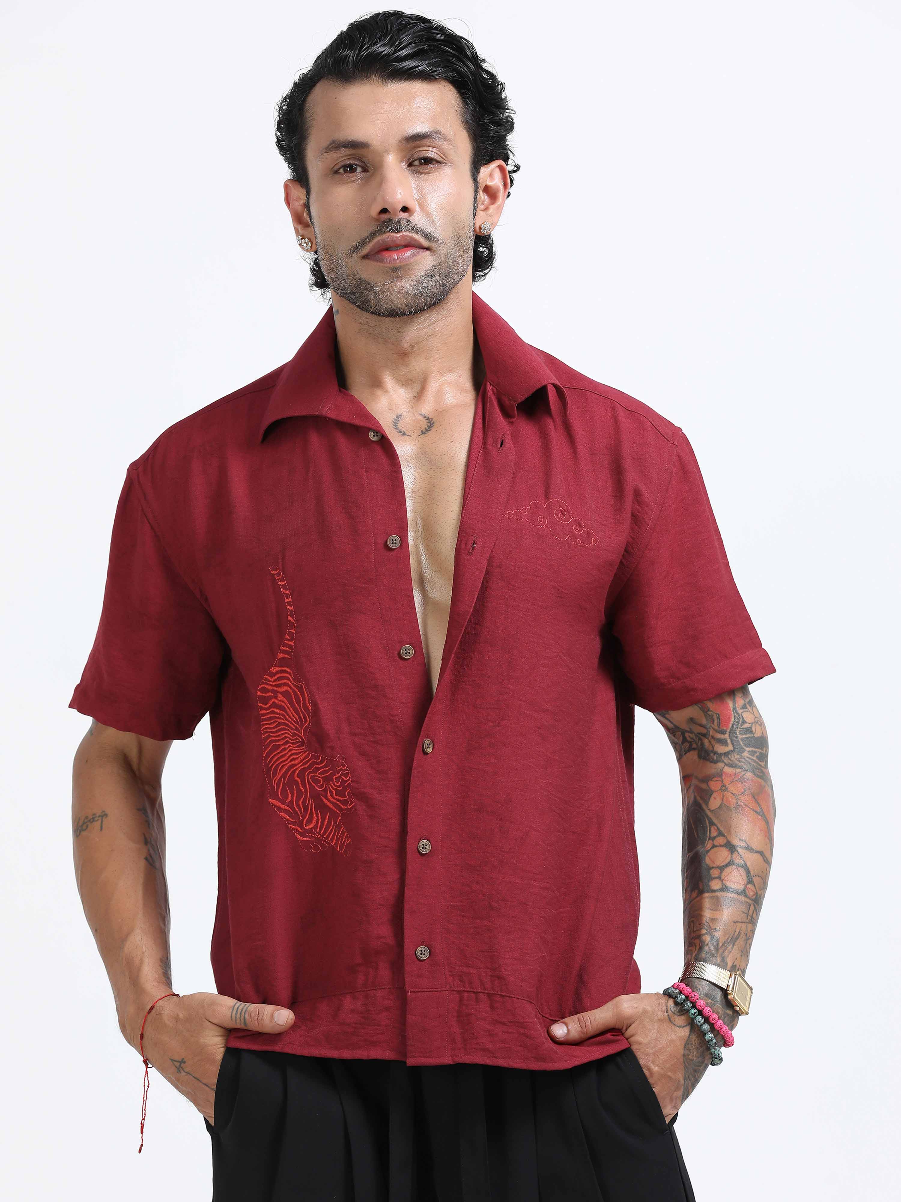 Tiger Embroidered Shirt In Red for men