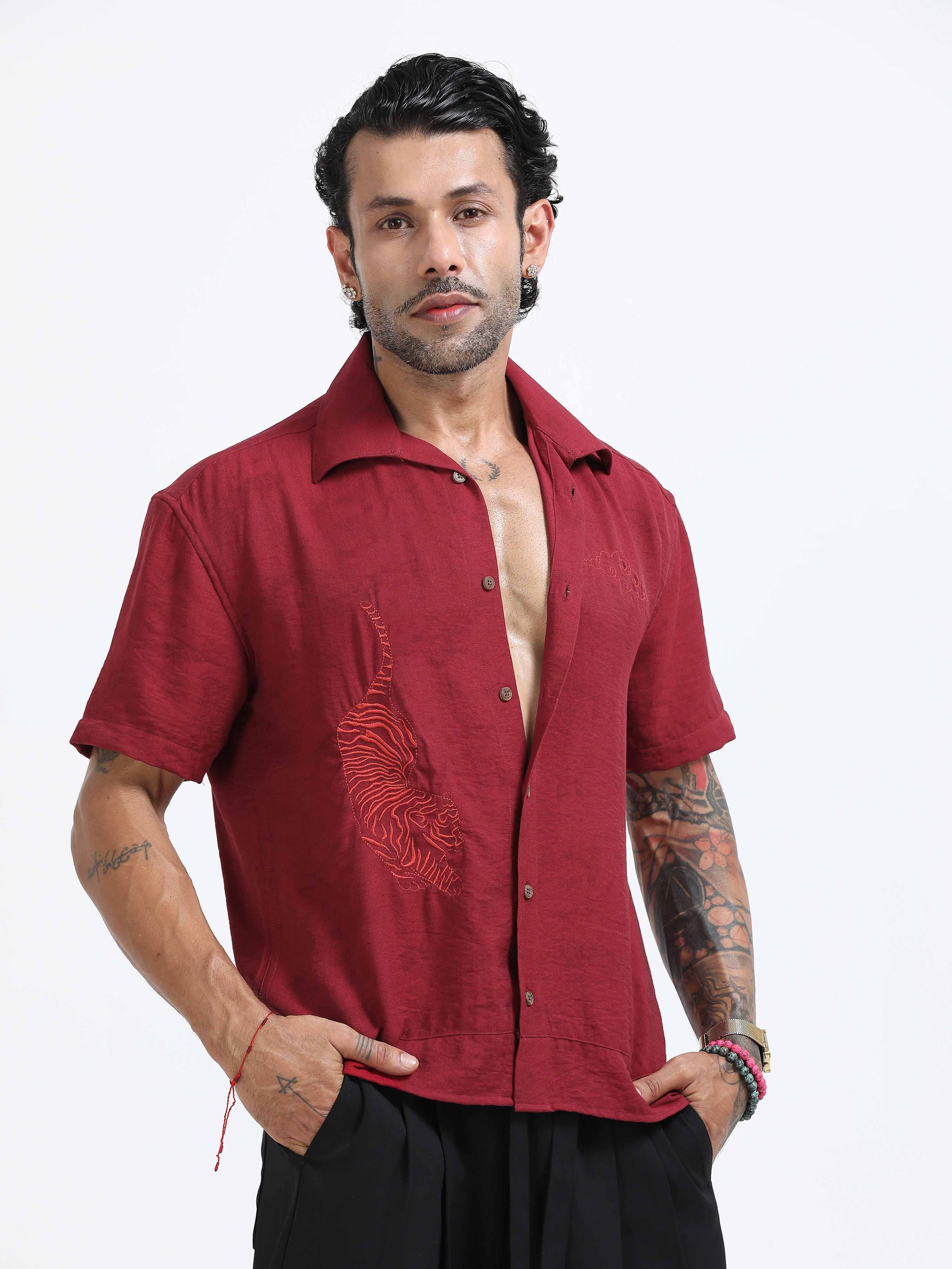 Tiger Embroidered Shirt In Red for men