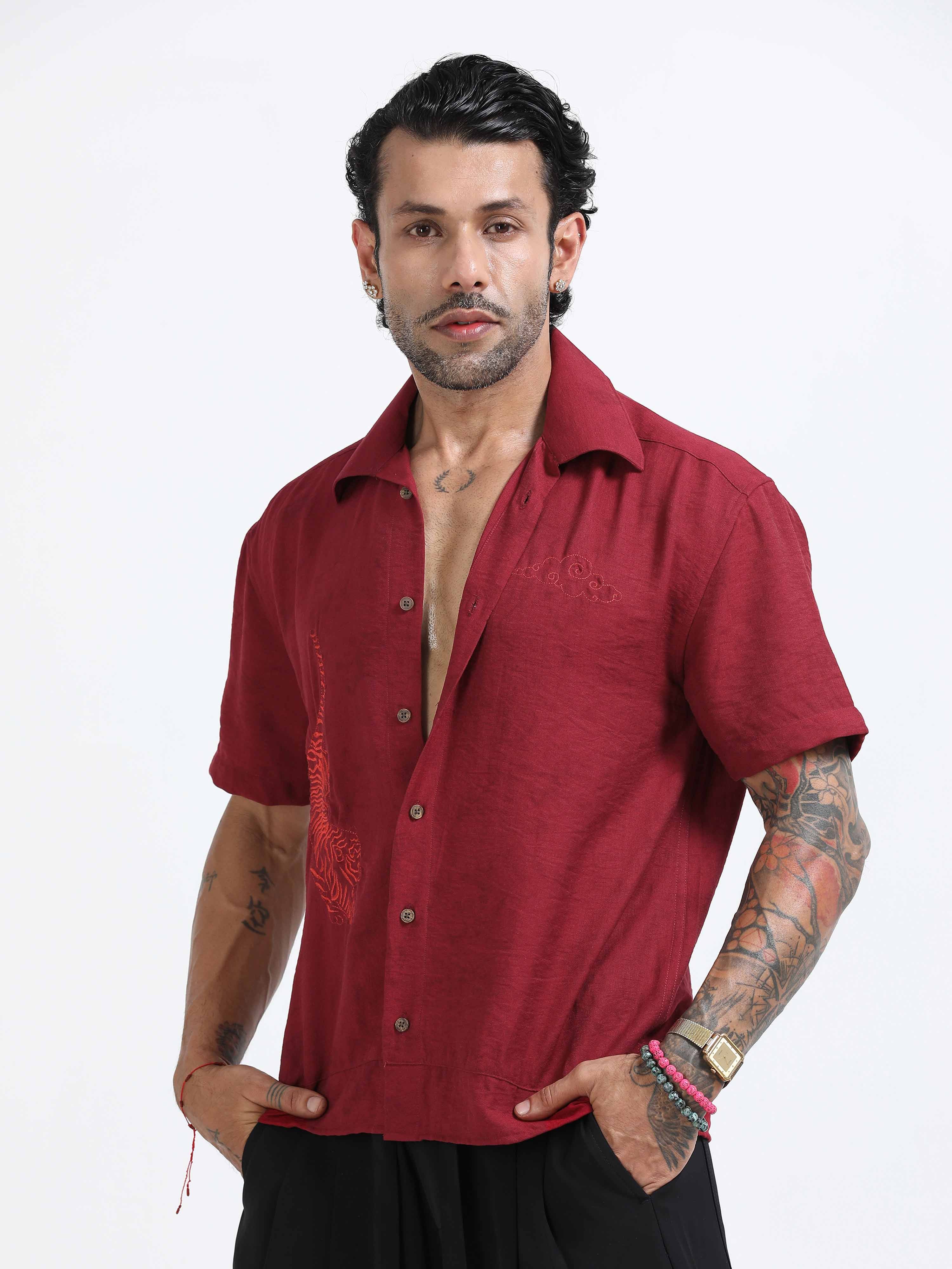 Tiger Embroidered Shirt In Red for men