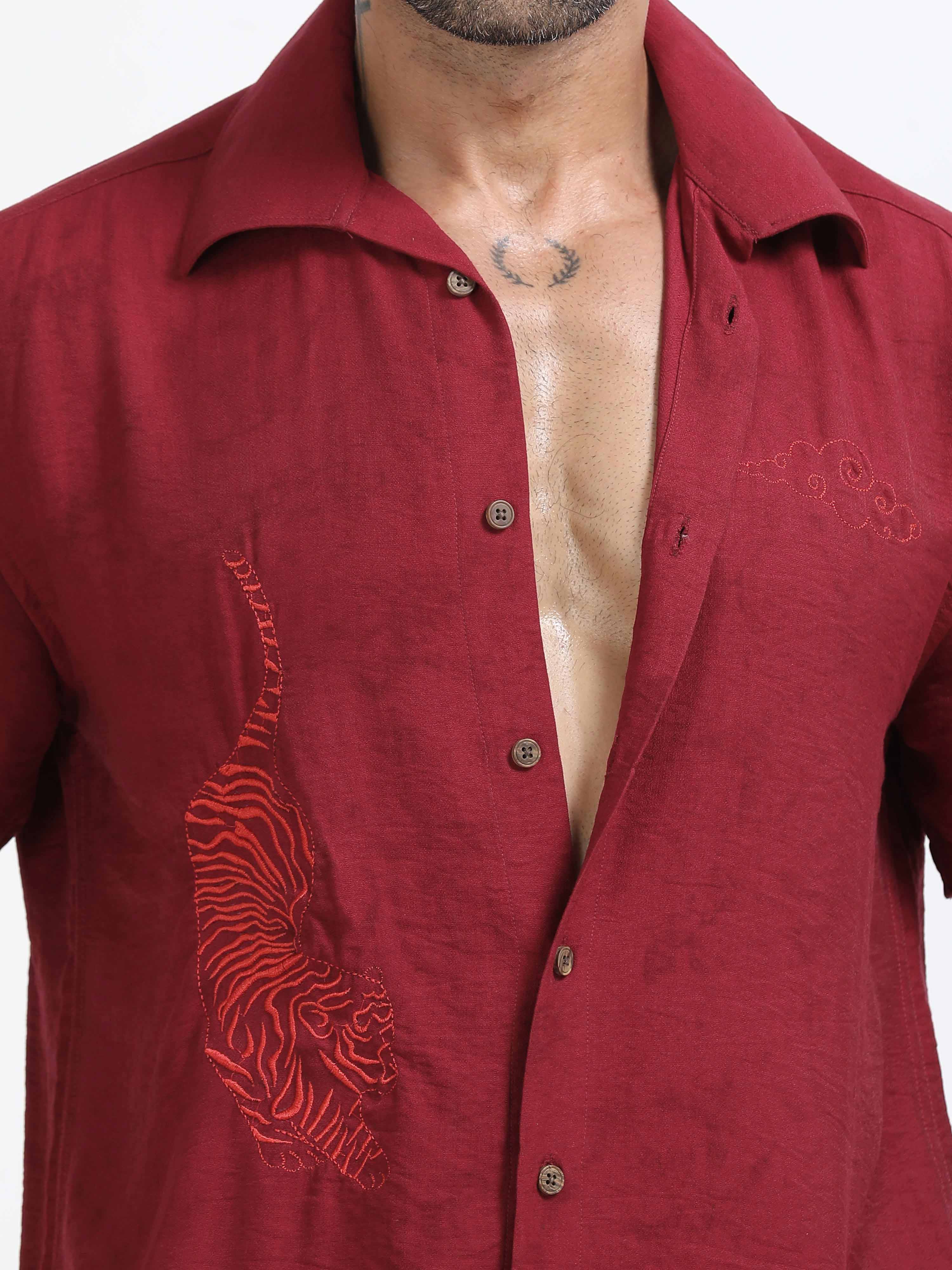 Tiger Embroidered Shirt In Red for men