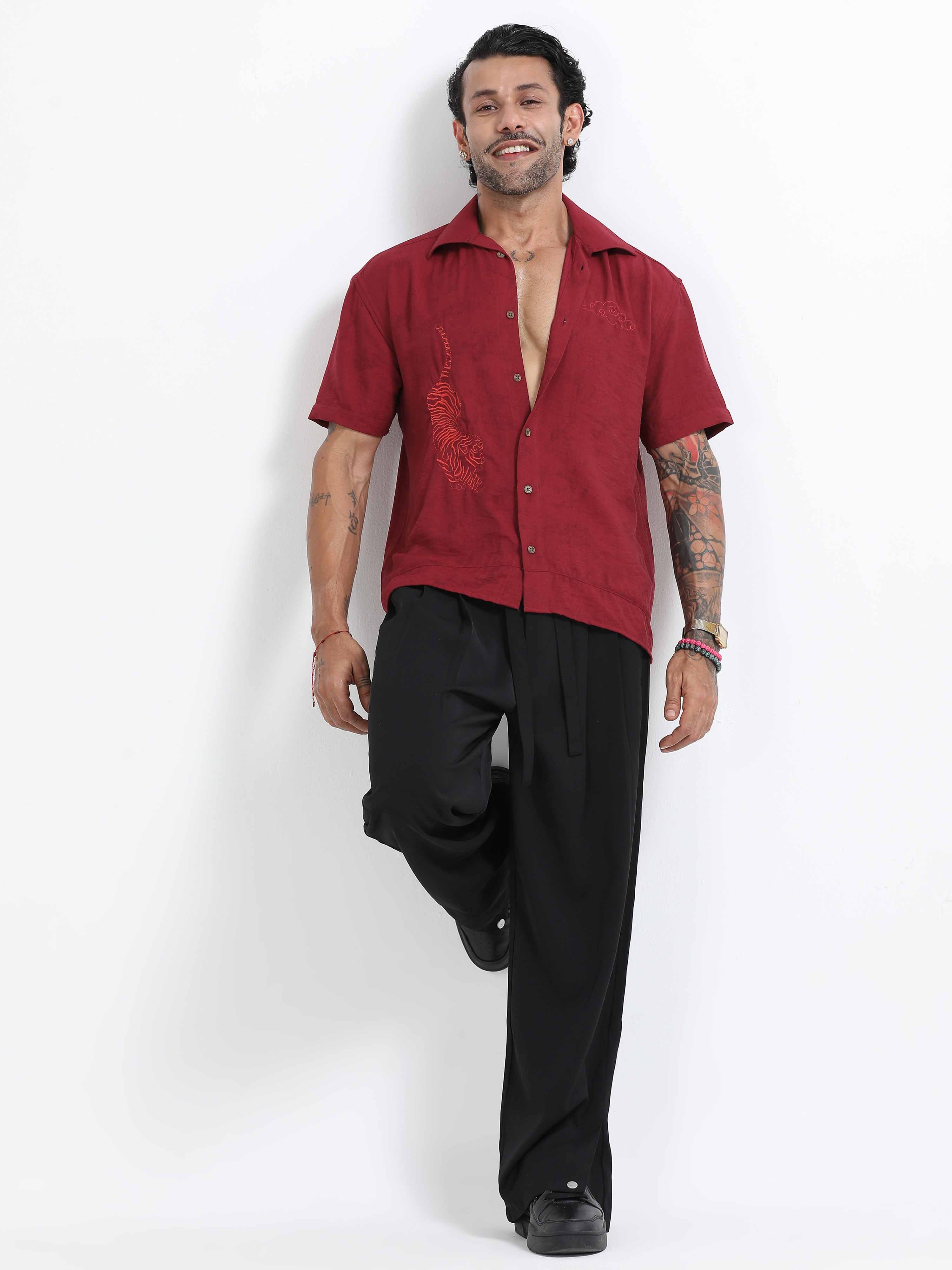 Tiger Embroidered Shirt In Red for men