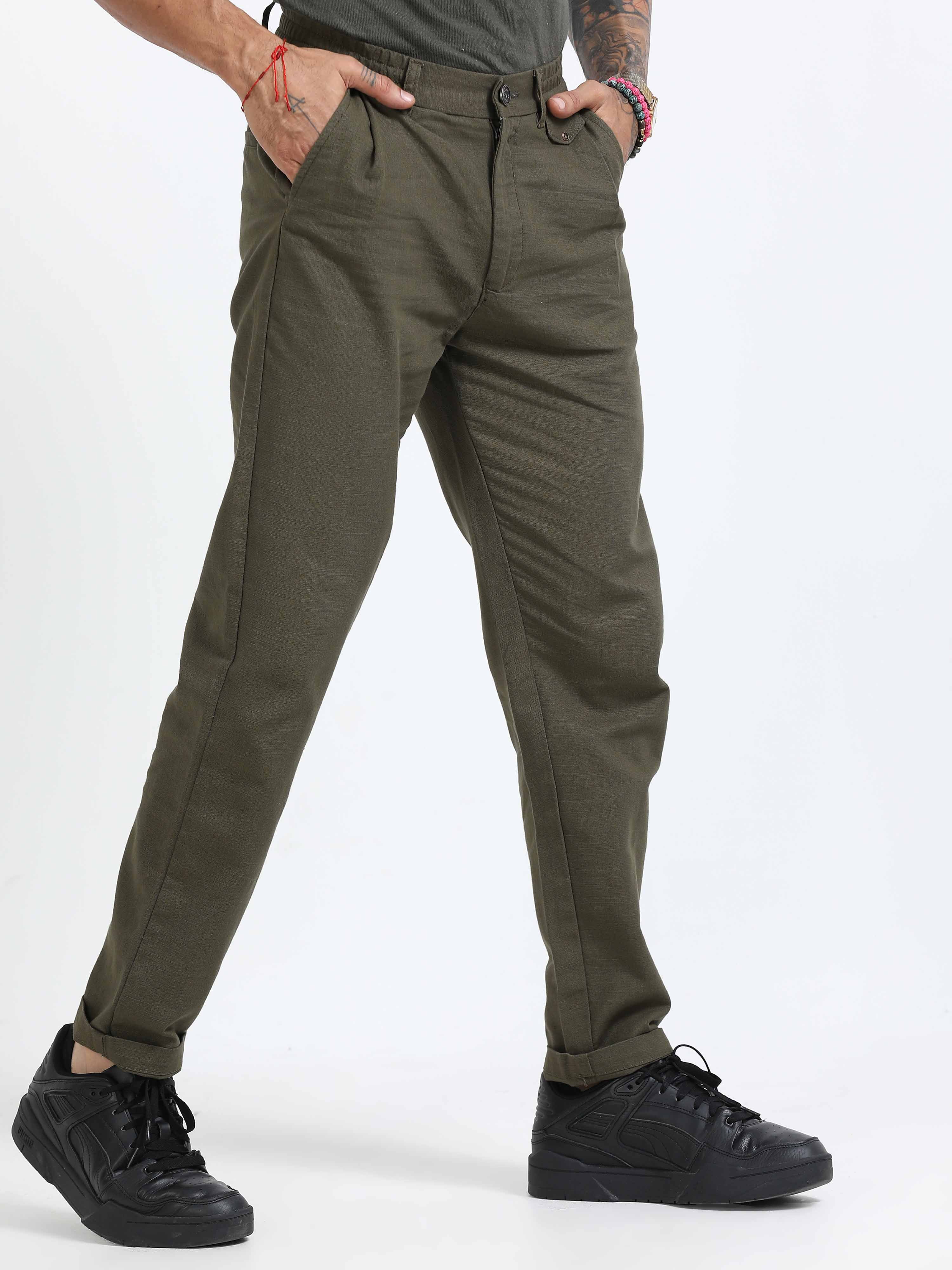 Olive Green Linen Pleated Trouser for men