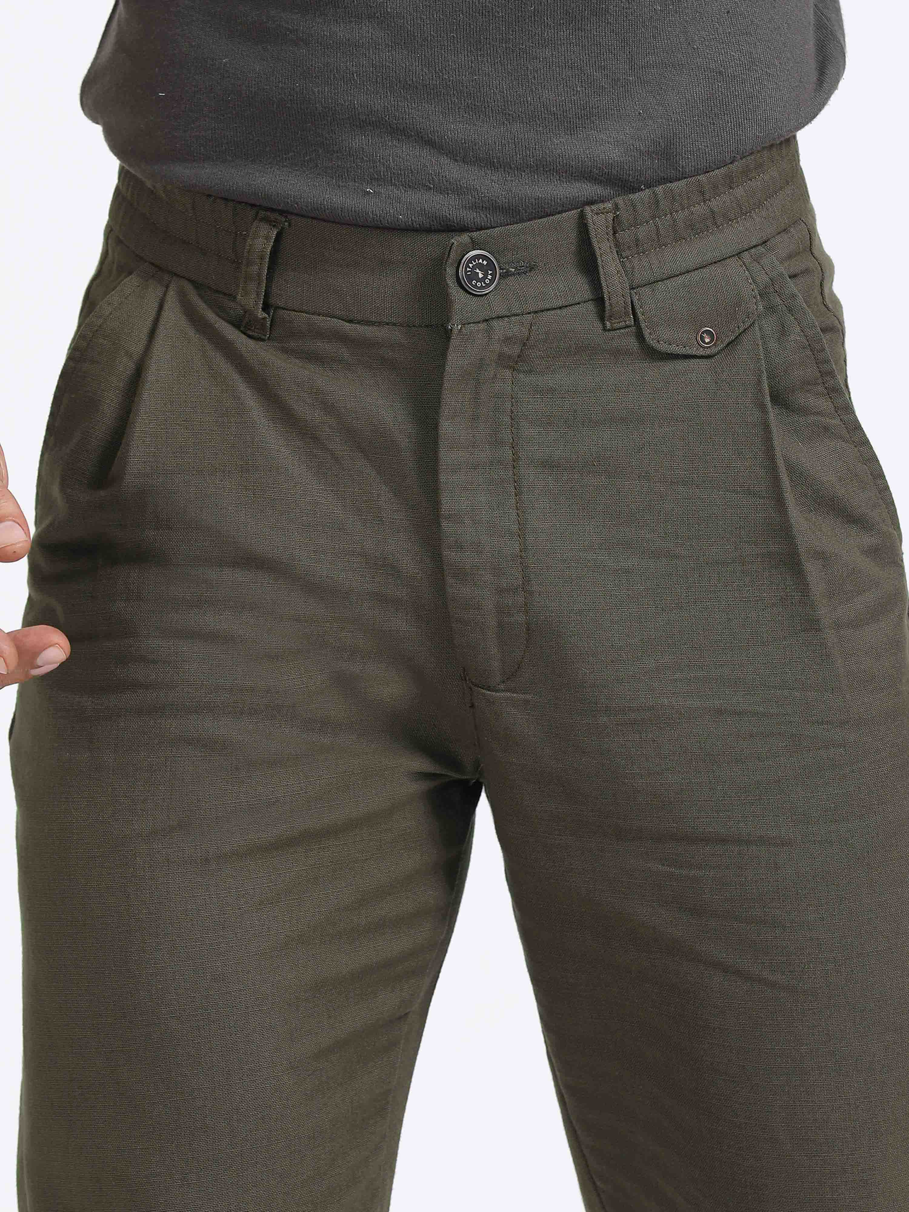 Olive Green Linen Pleated Trouser for men