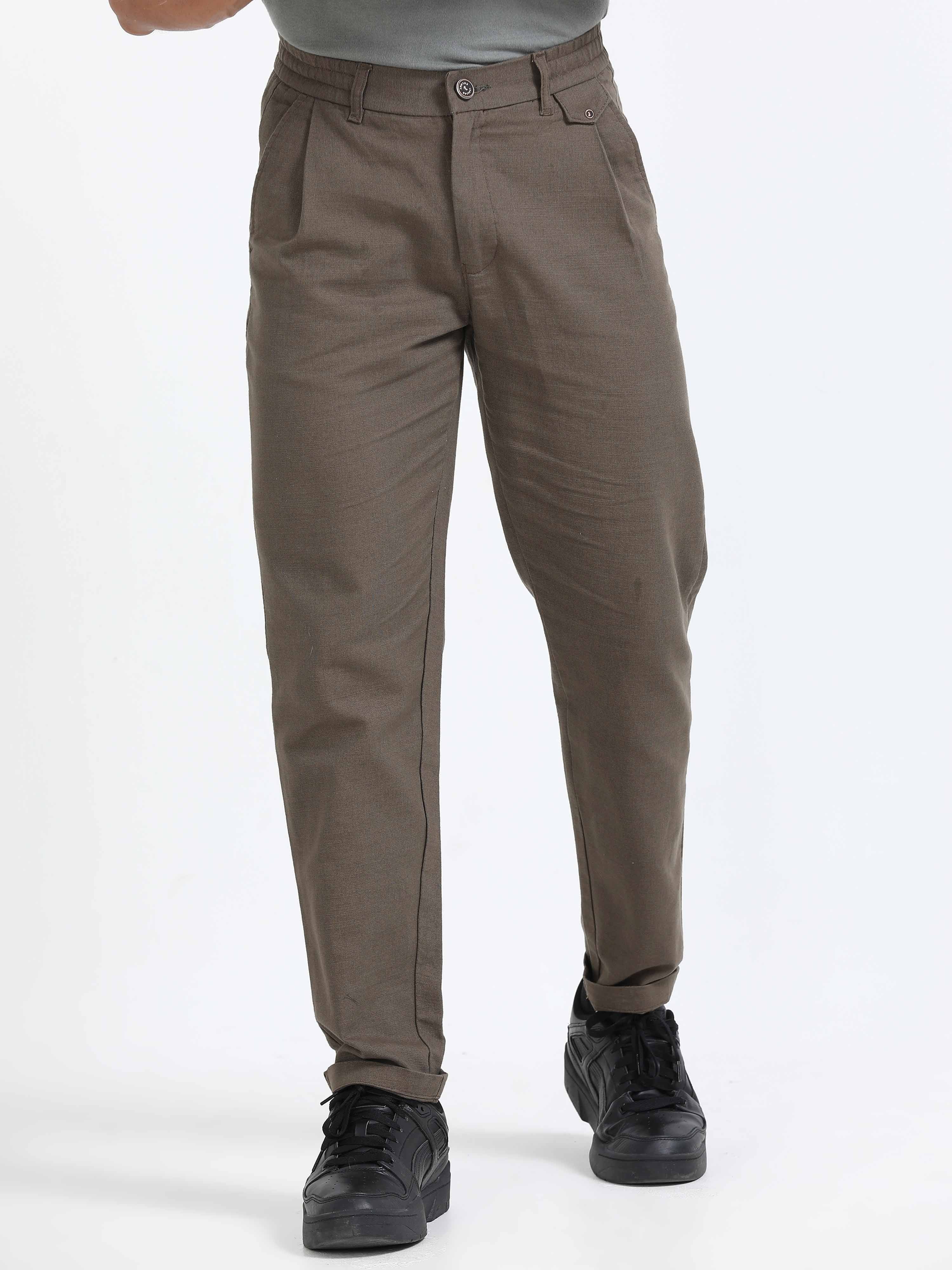 Brown Linen Pleated Trouser for Men