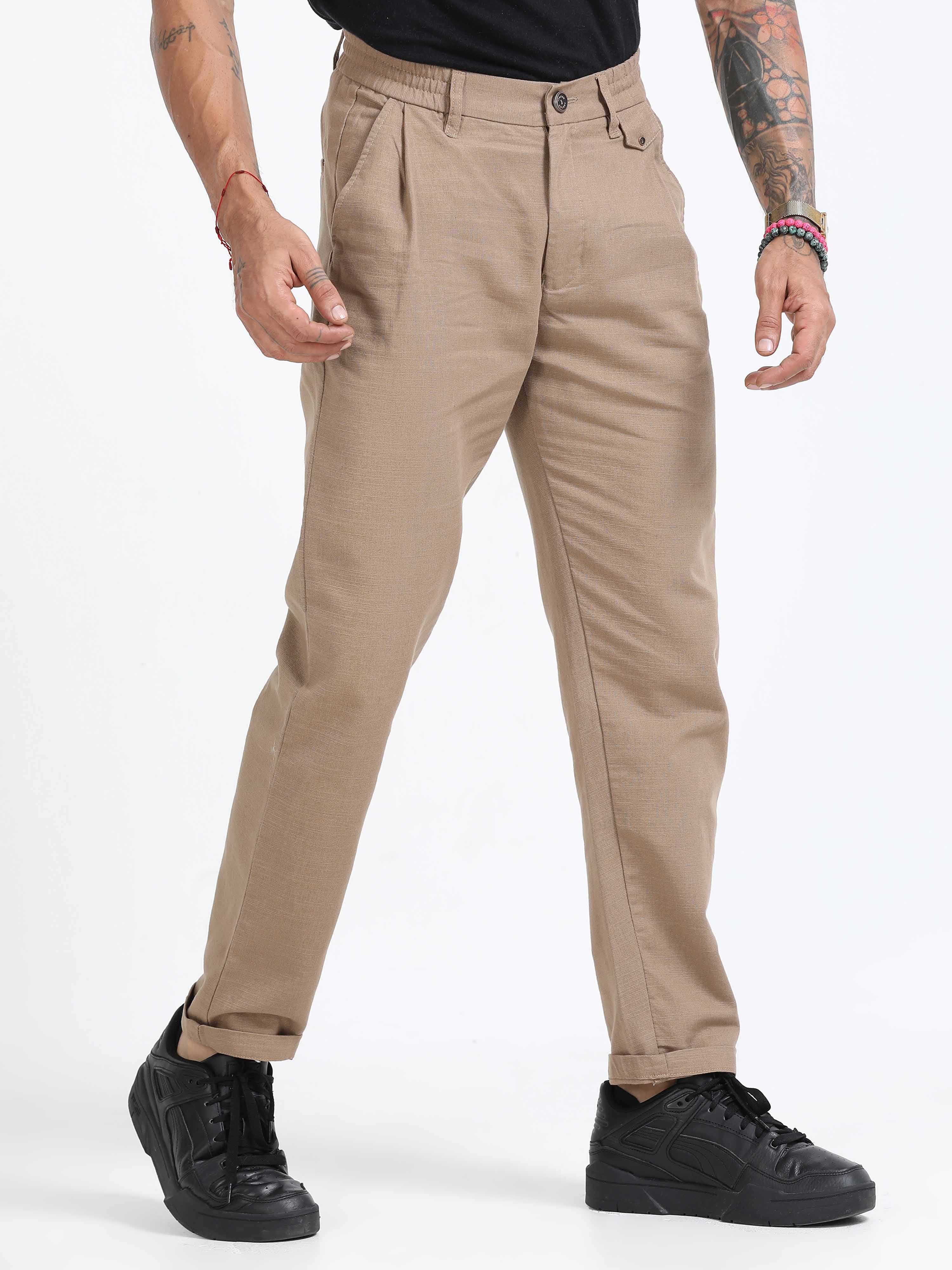 Khaki Linen Pleated Trouser for men