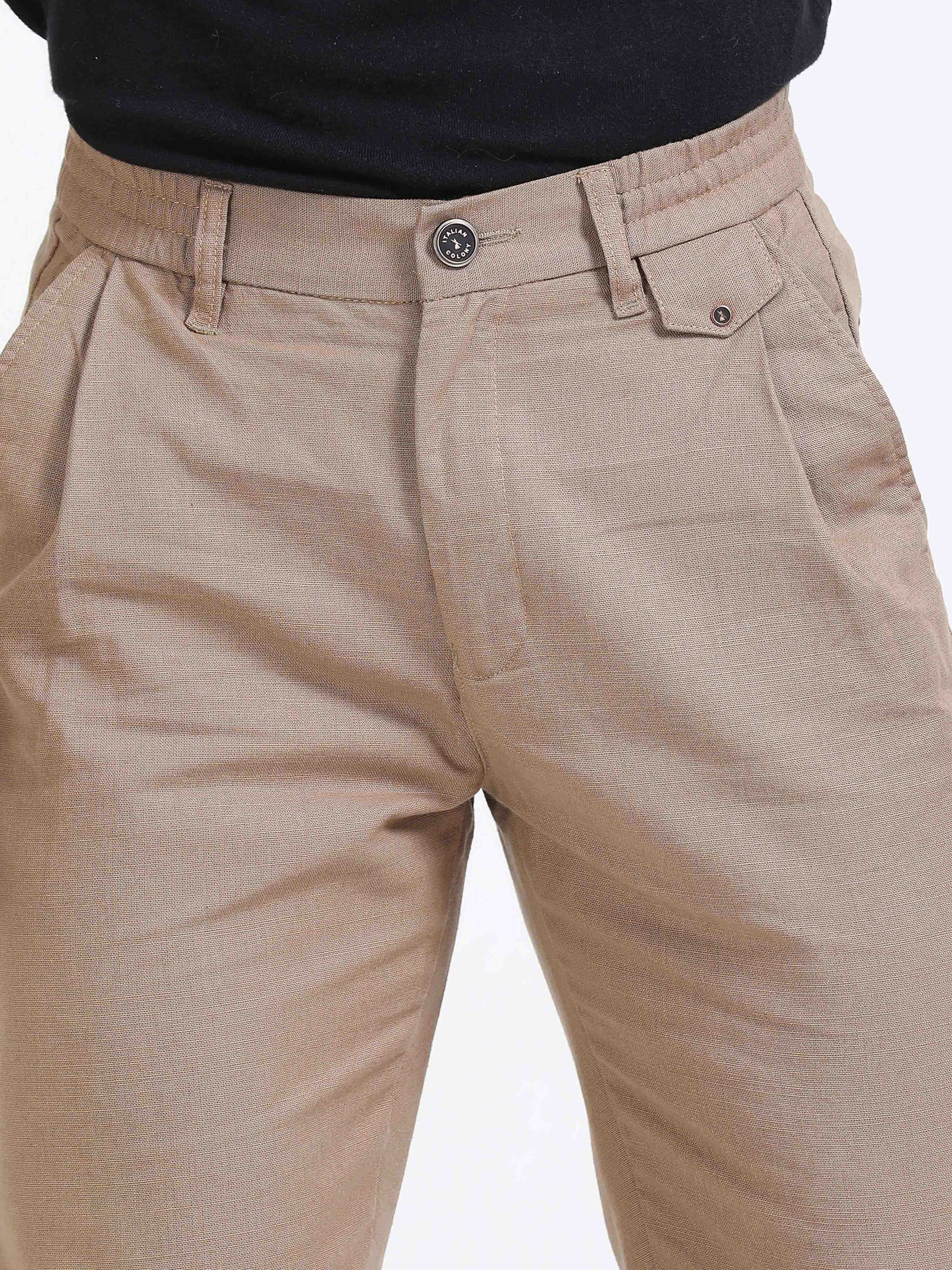 Khaki Linen Pleated Trouser for men