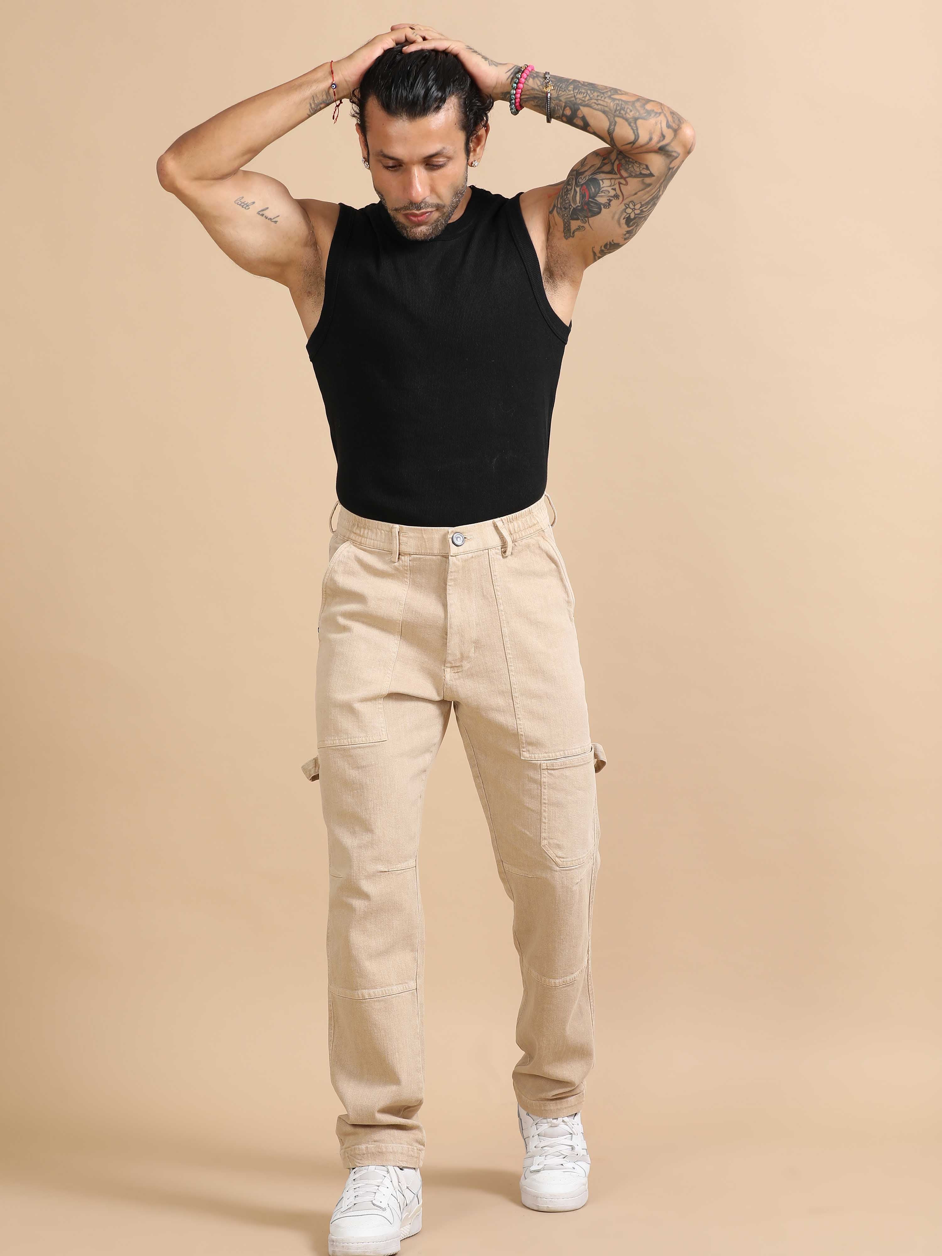 Carpenter Denim Beige Cargo Pants for Men