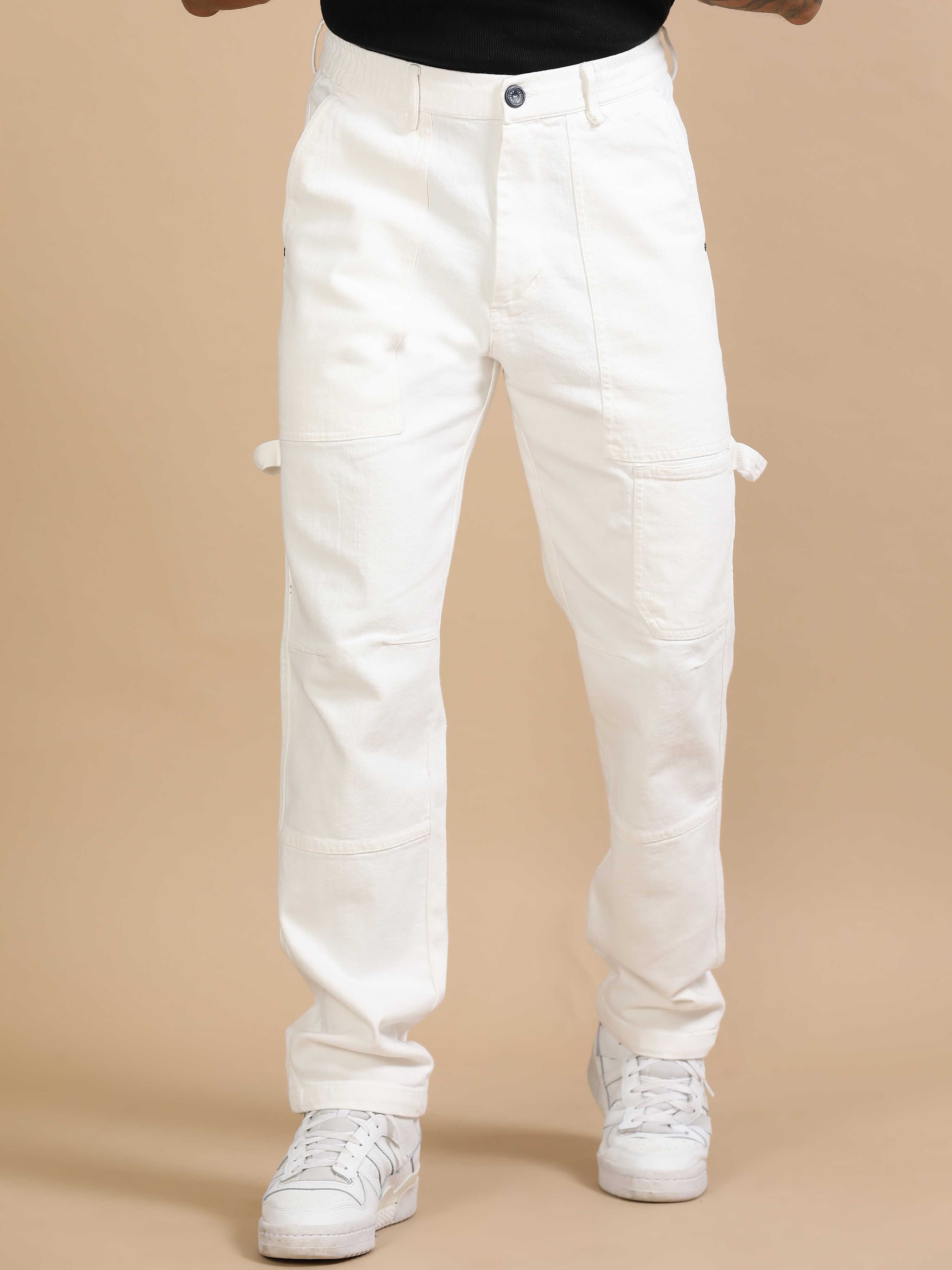 Mens Carpenter Style Denim White Cargo Pants