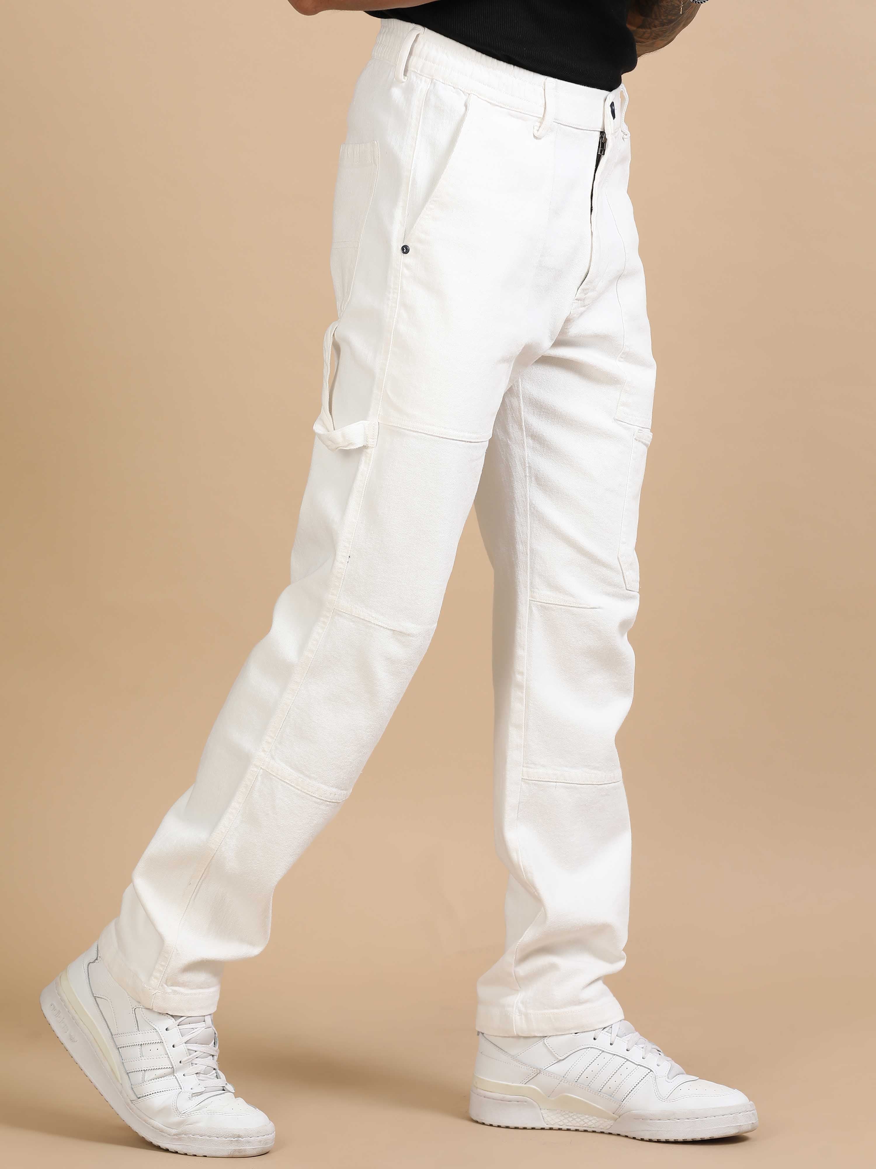 Mens Carpenter Style Denim White Cargo Pants