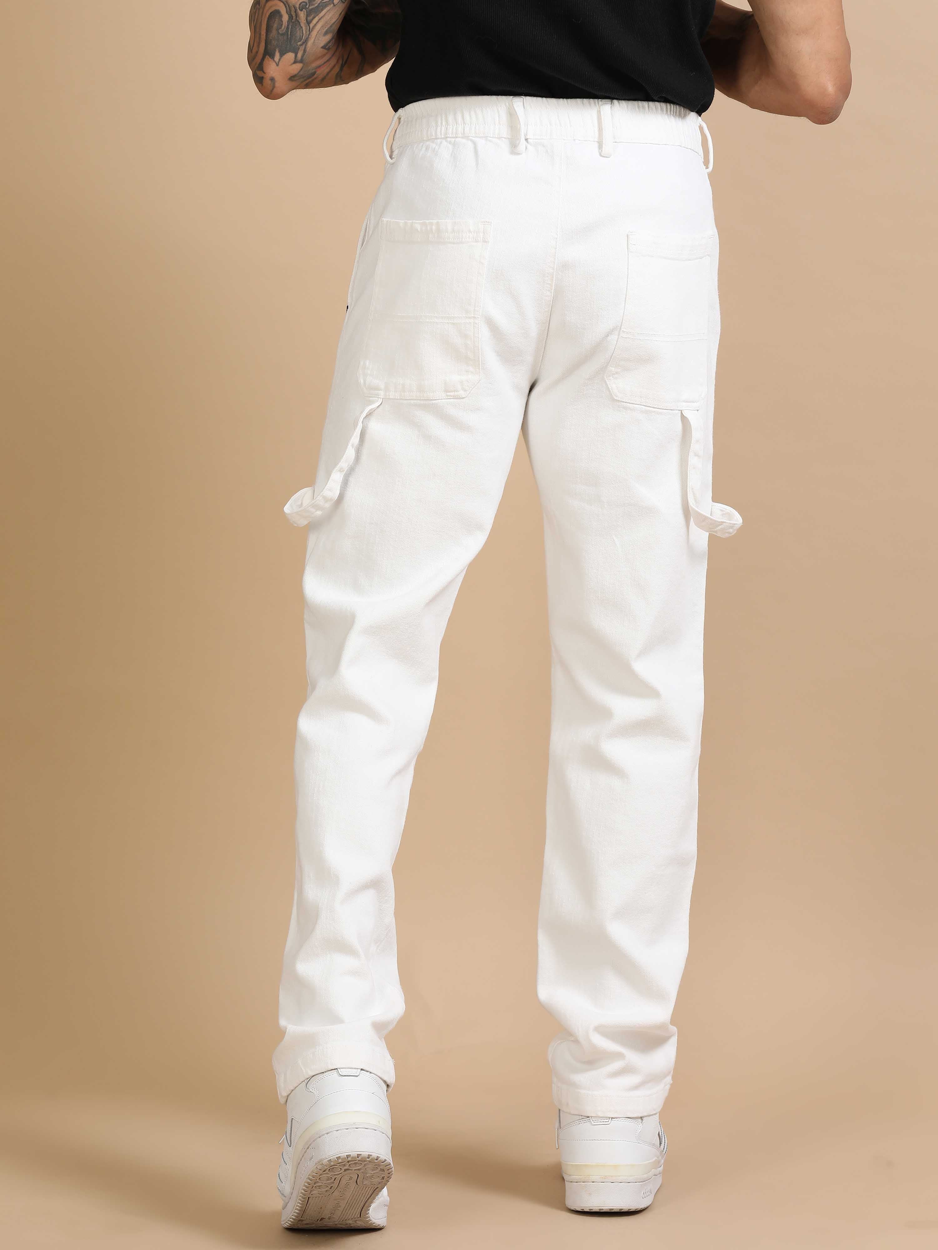 Mens Carpenter Style Denim White Cargo Pants