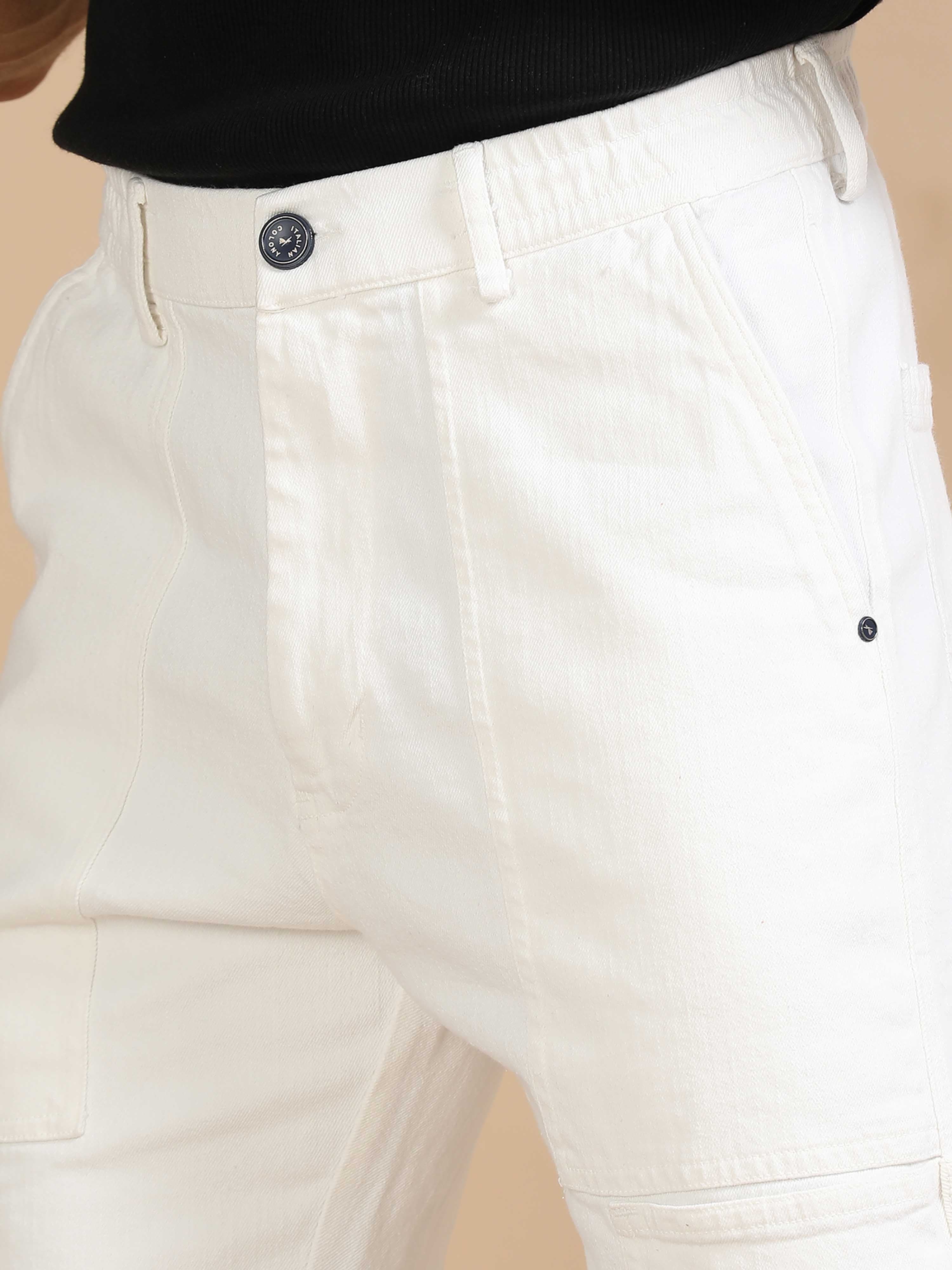 Mens Carpenter Style Denim White Cargo Pants