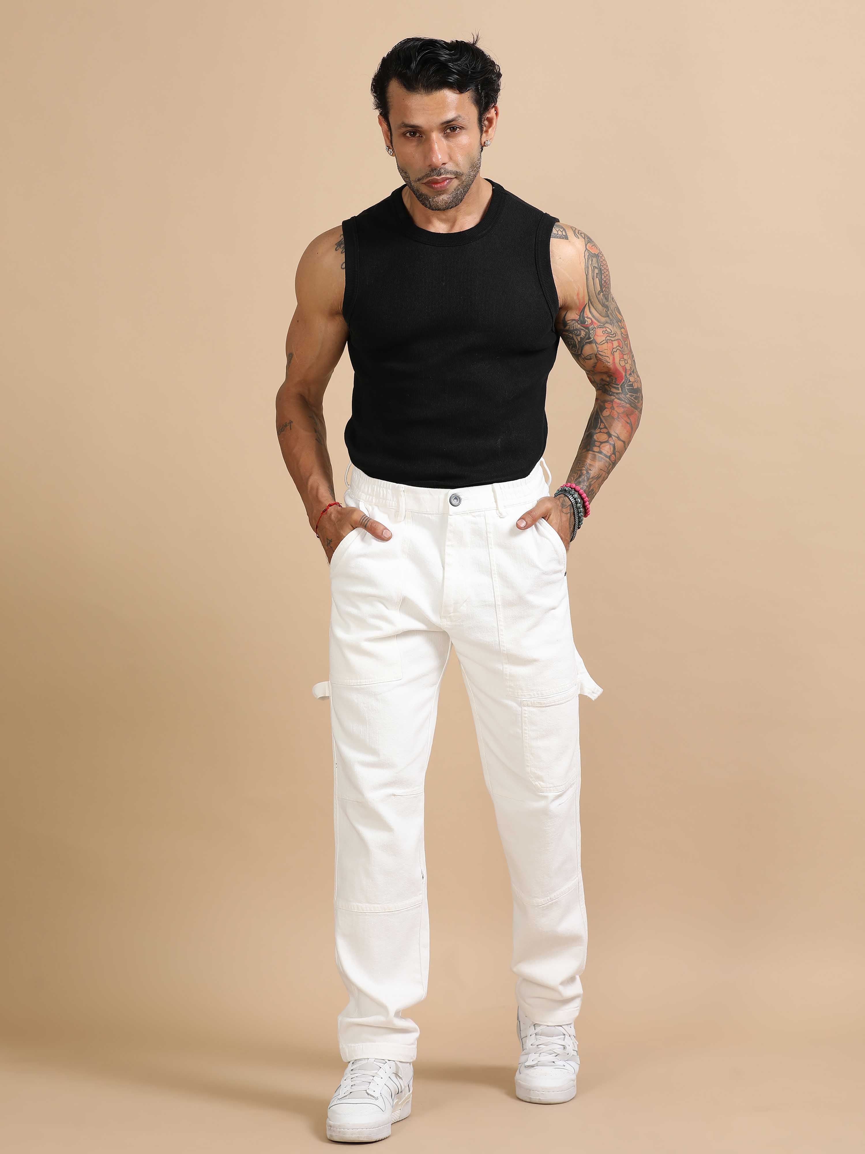 Mens Carpenter Style Denim White Cargo Pants