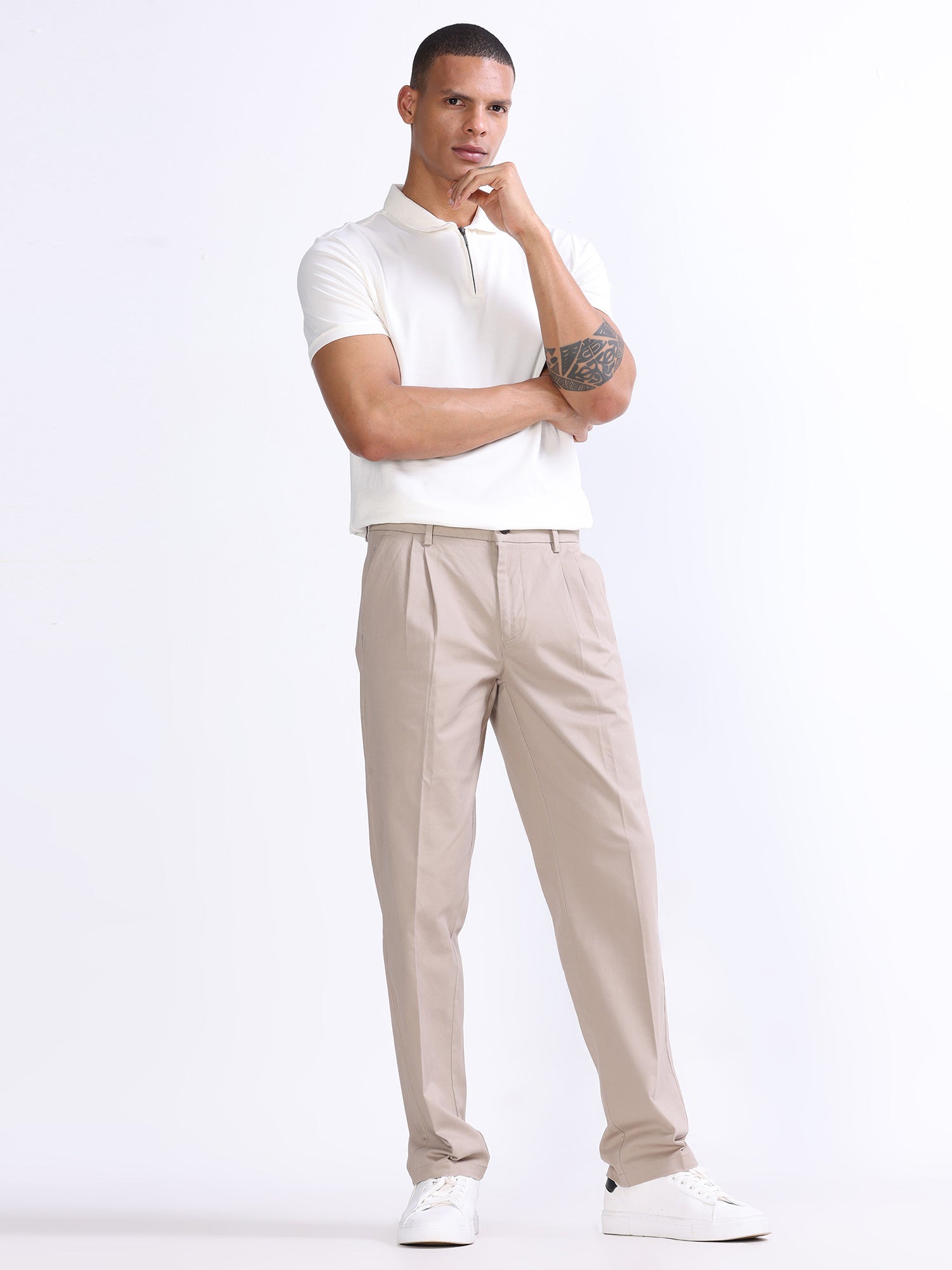 Shop Relaxed Fit Beige Colour Trousers Online In India