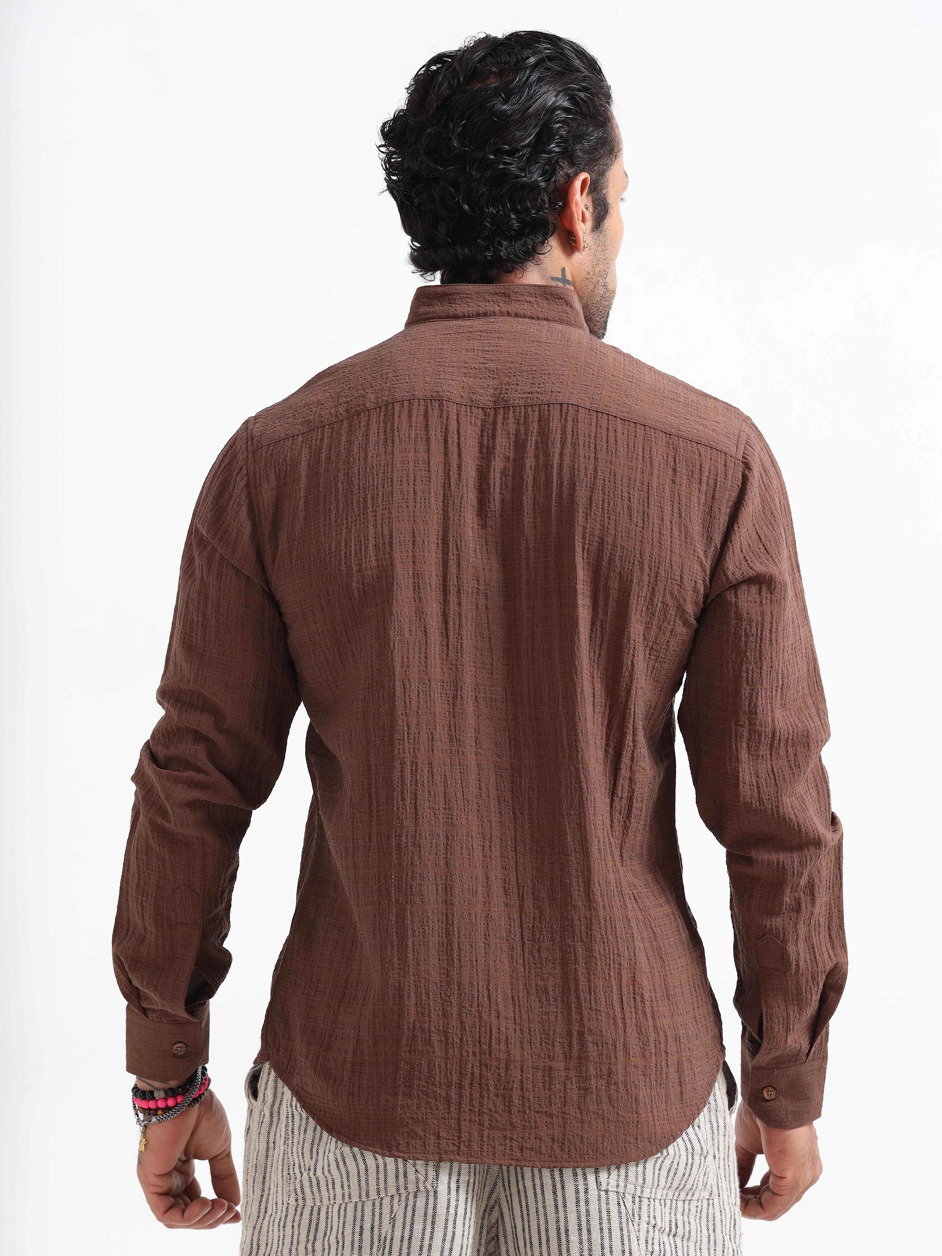 Premium Crushed Mandarin Shirt In Brown