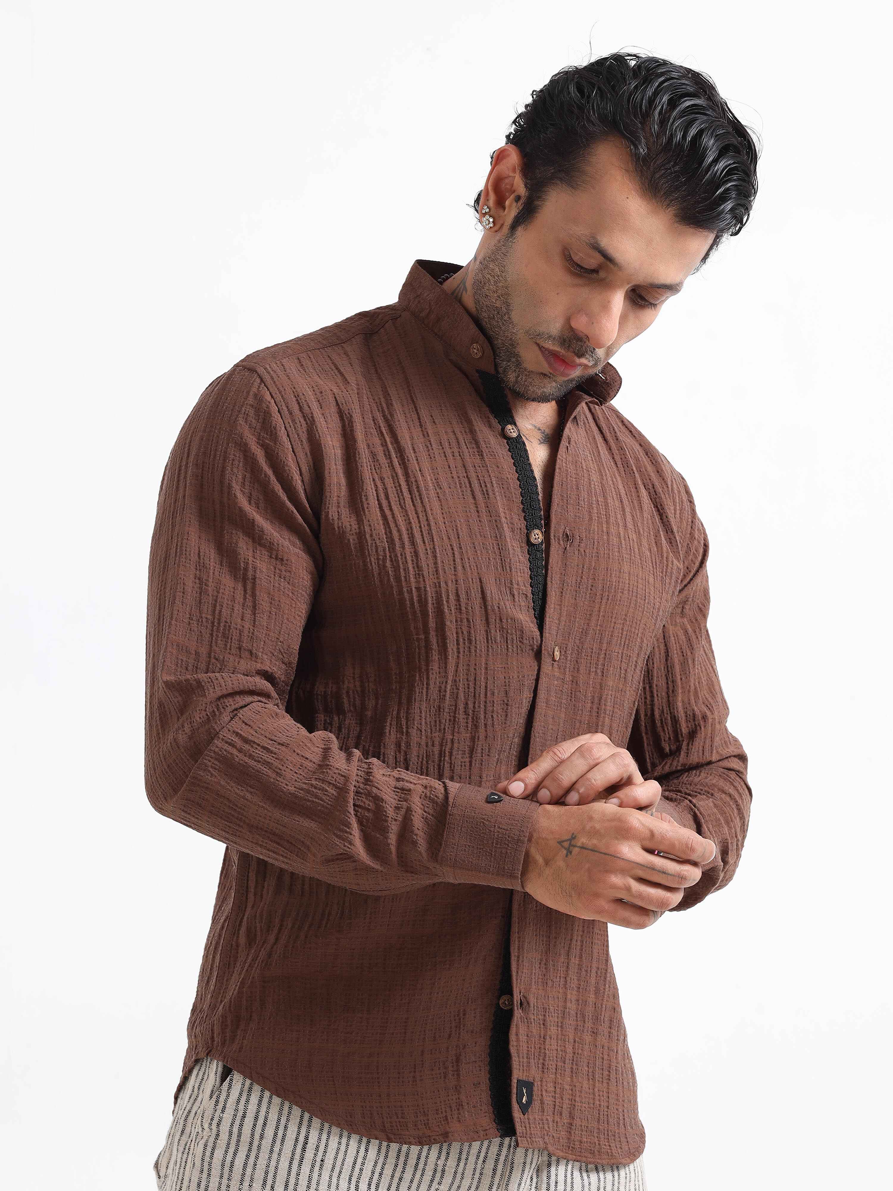 Premium Crushed Mandarin Shirt In Brown