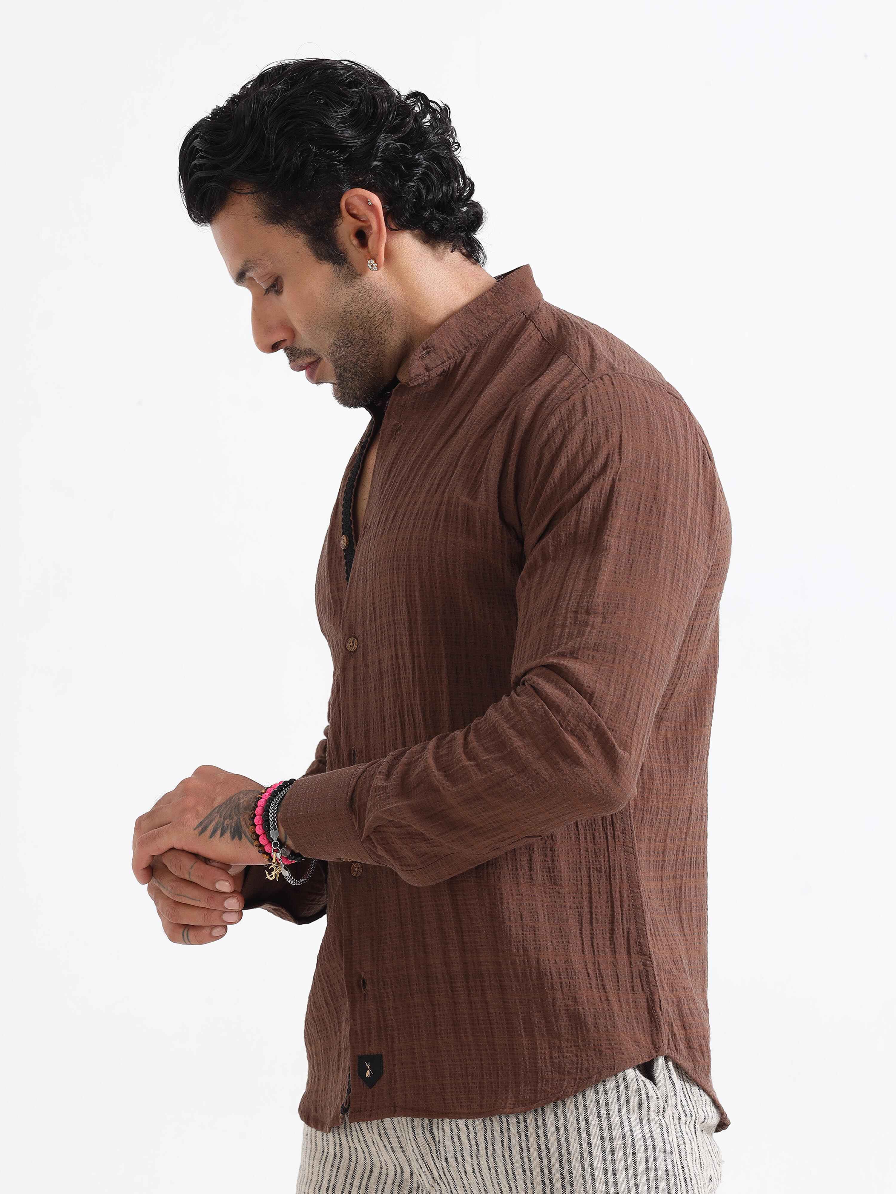 Premium Crushed Mandarin Shirt In Brown