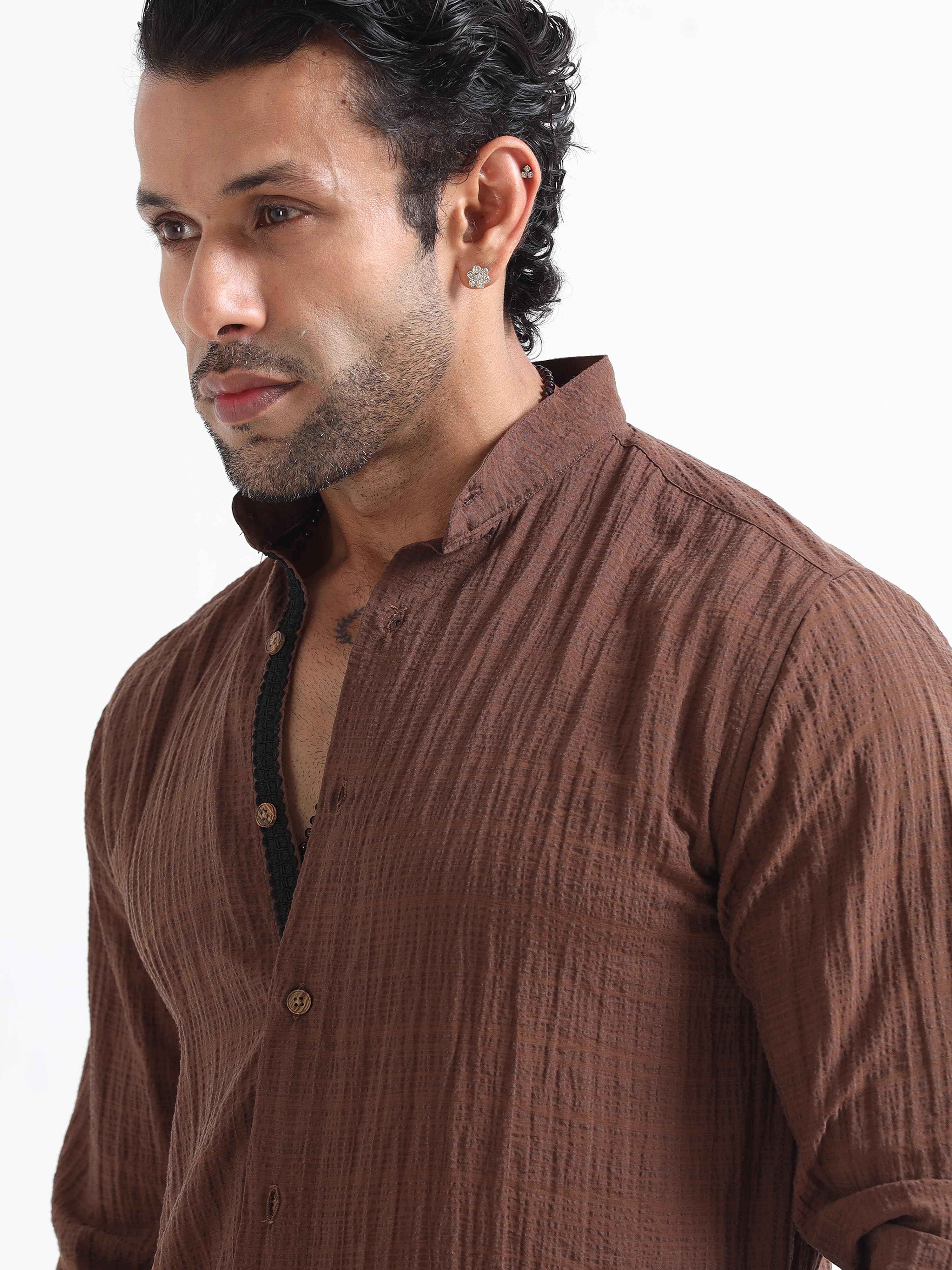 Premium Crushed Mandarin Shirt In Brown