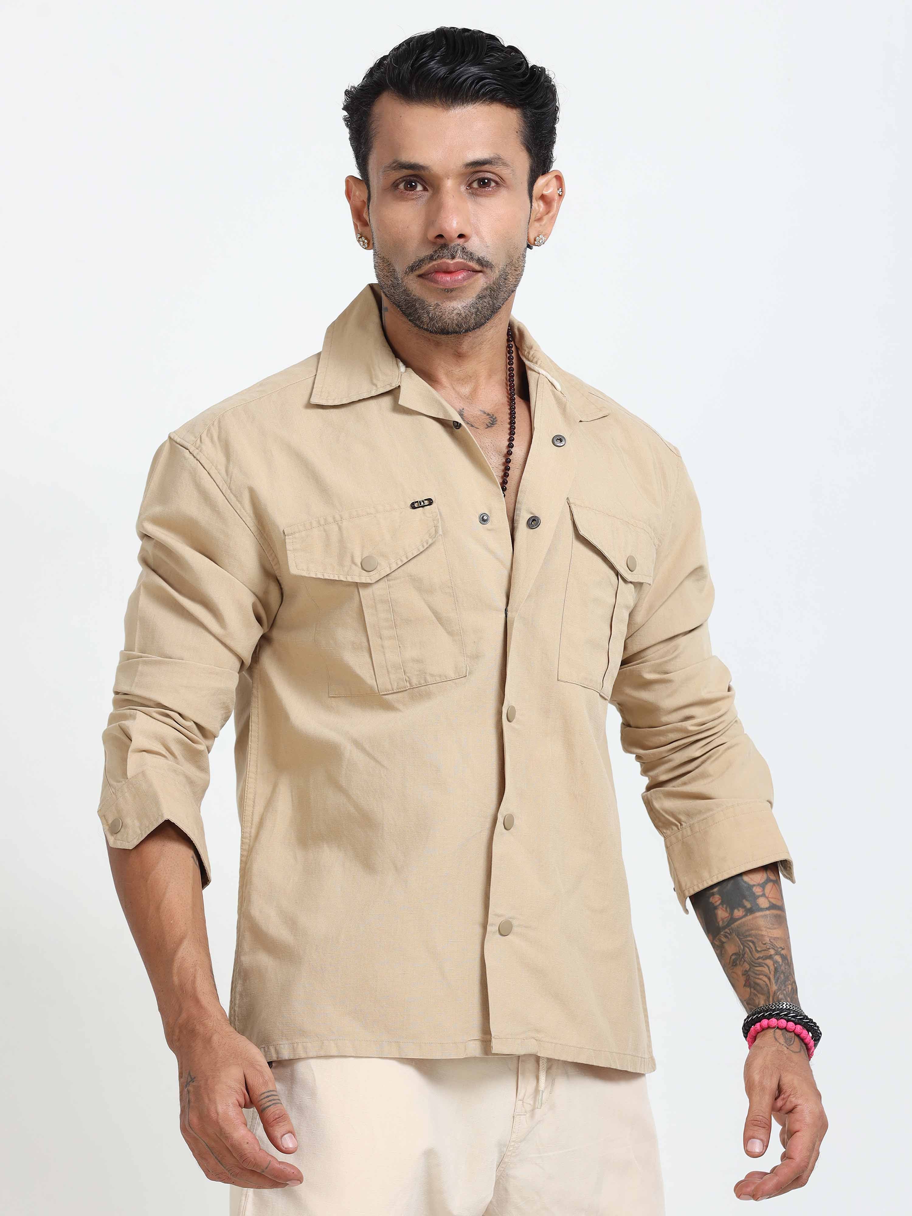 Style Shield Linen Shacket In Beige