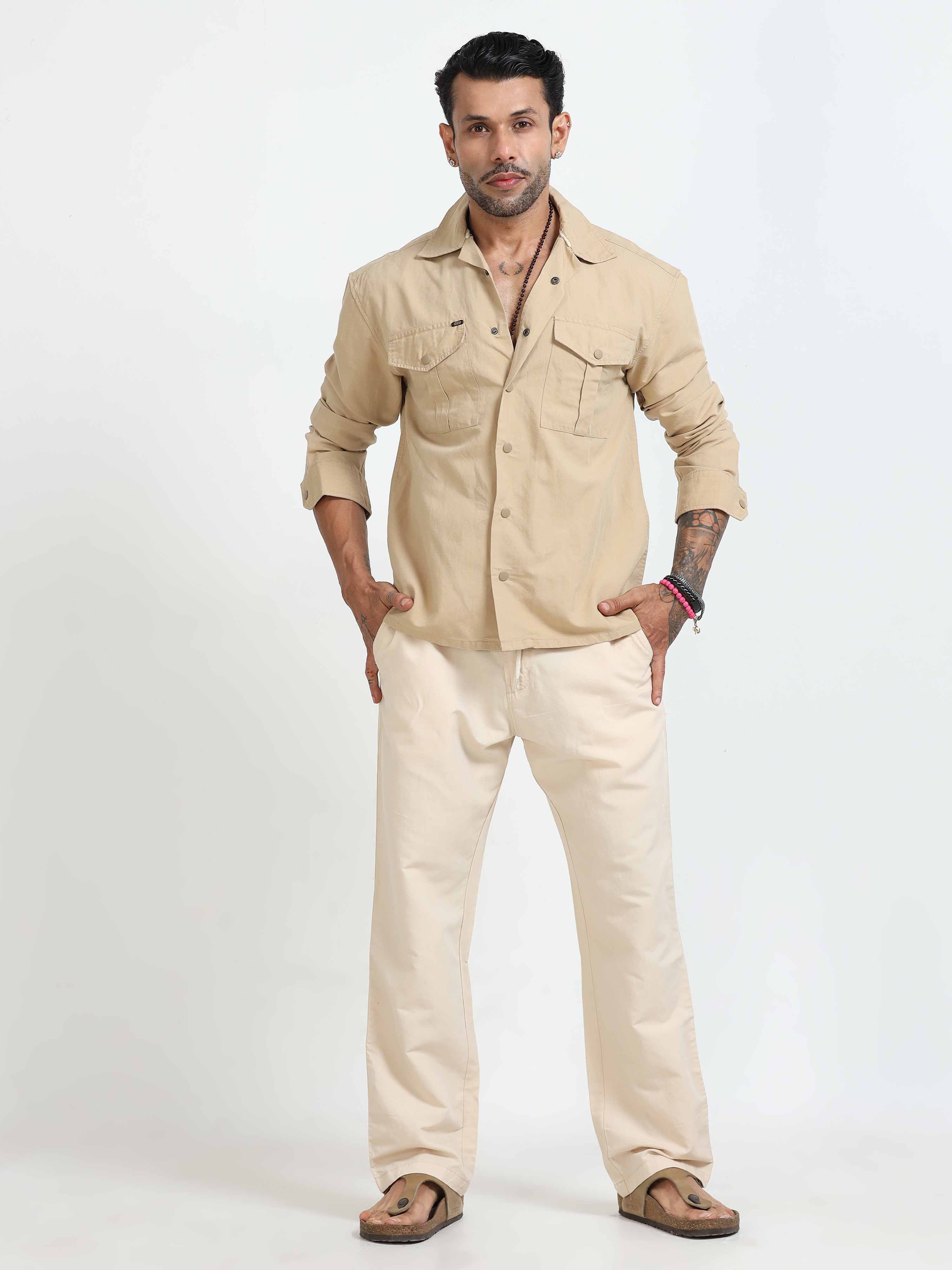 Style Shield Linen Shacket In Beige