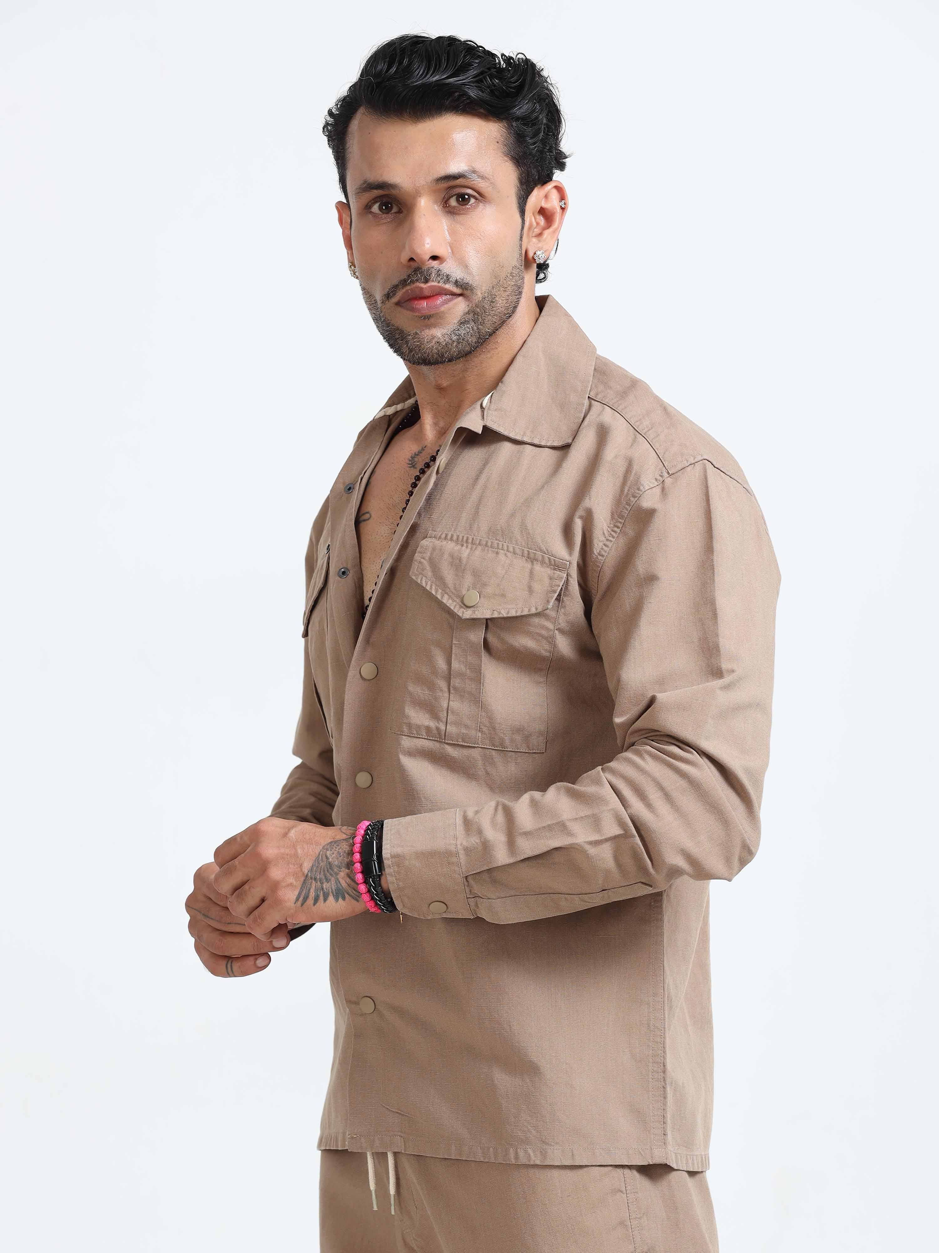 Style Shield Linen Shacket In Khaki