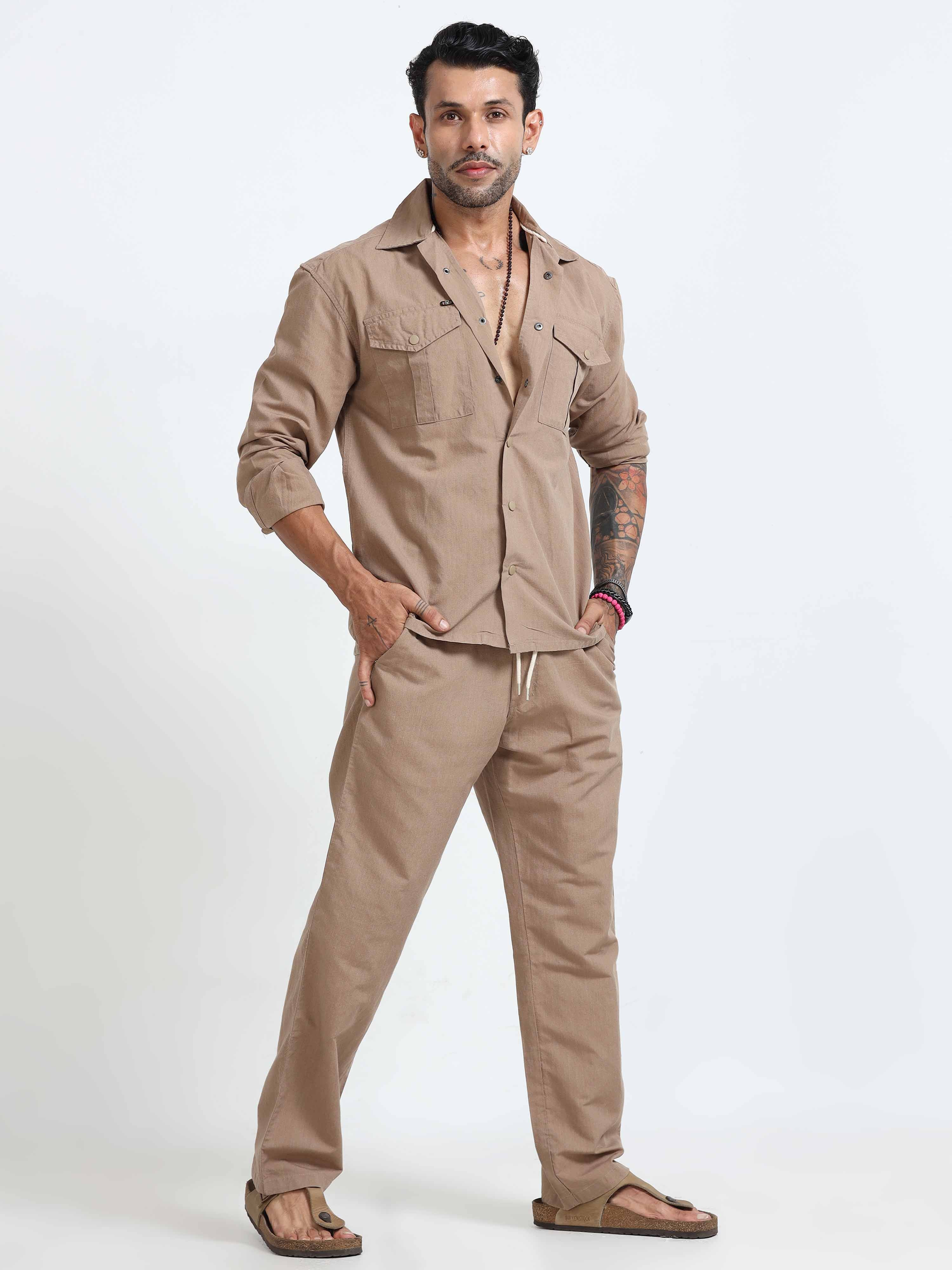 Style Shield Linen Shacket In Khaki