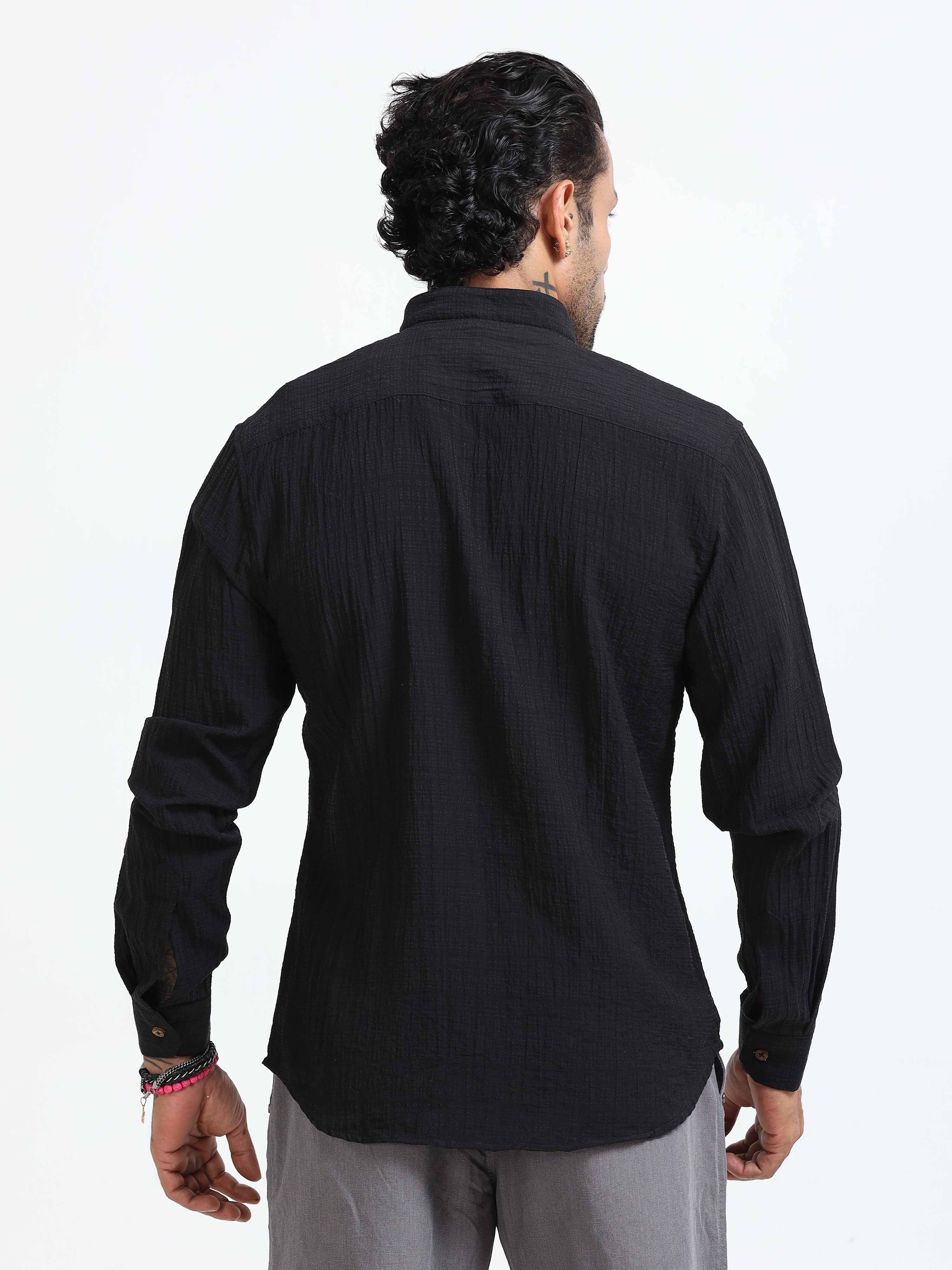 Premium Crushed Mandarin Shirt In Black