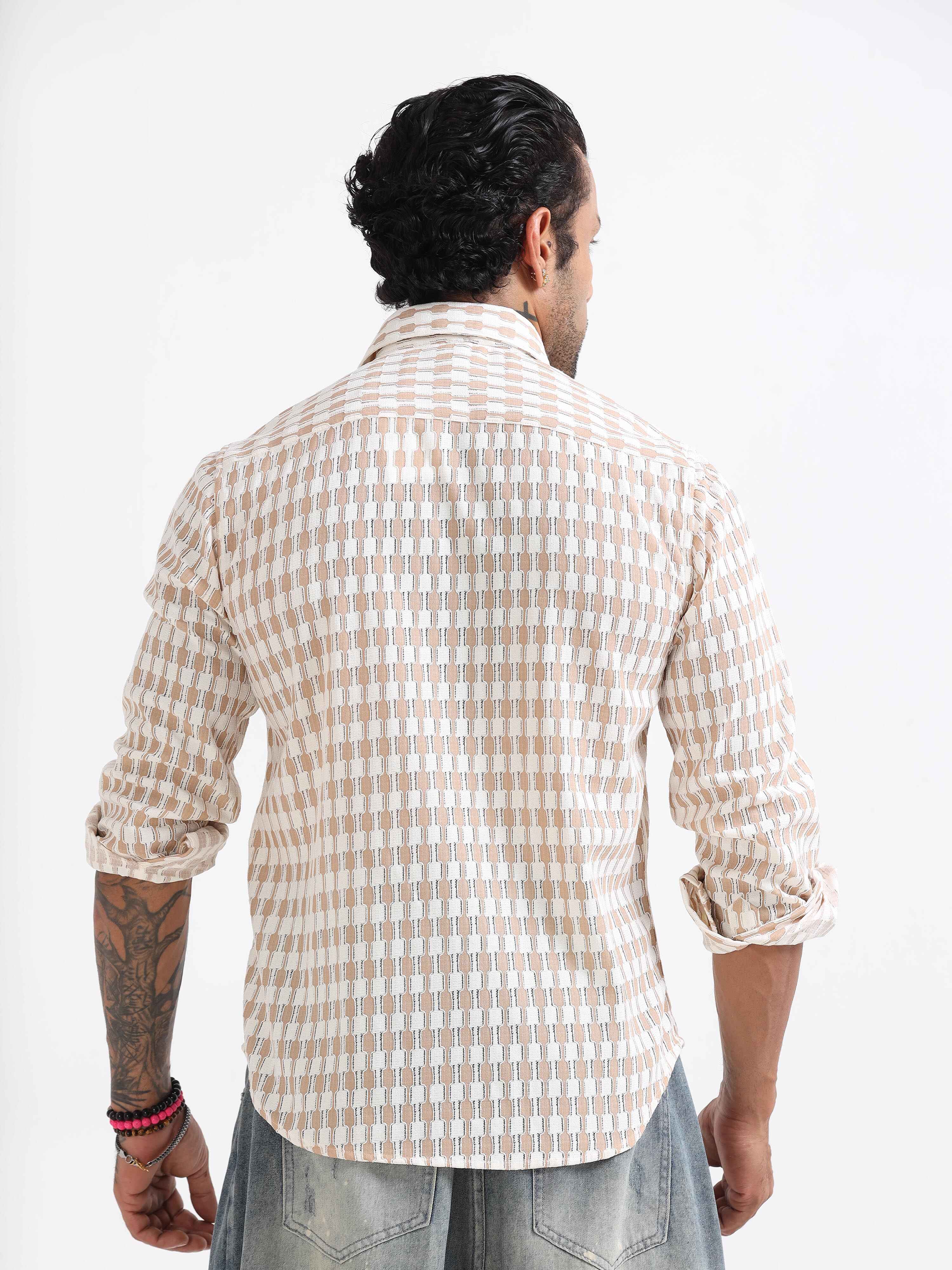 Vintage Block Weave Shirt In Cream Mandarin Collar Shirts Mens