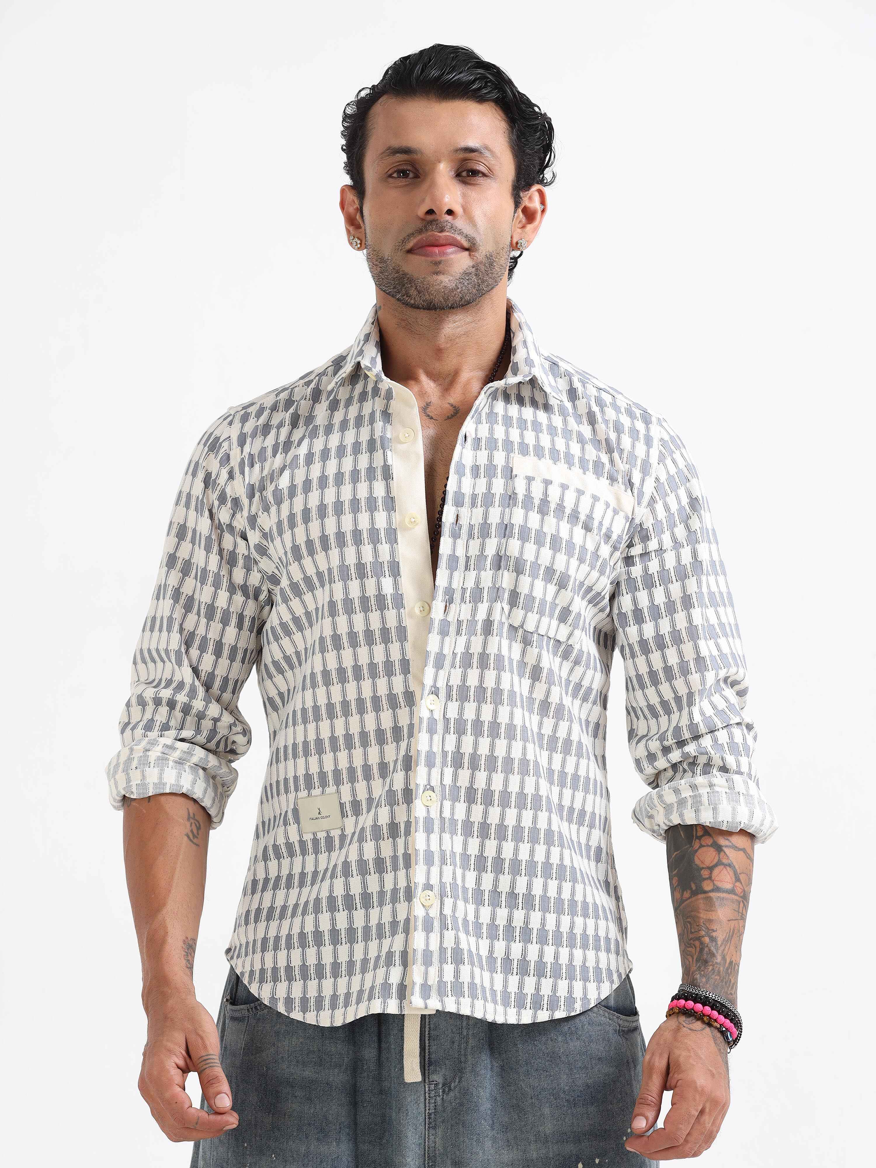 Textured Vintage Block Weave Shirt In Blue for men