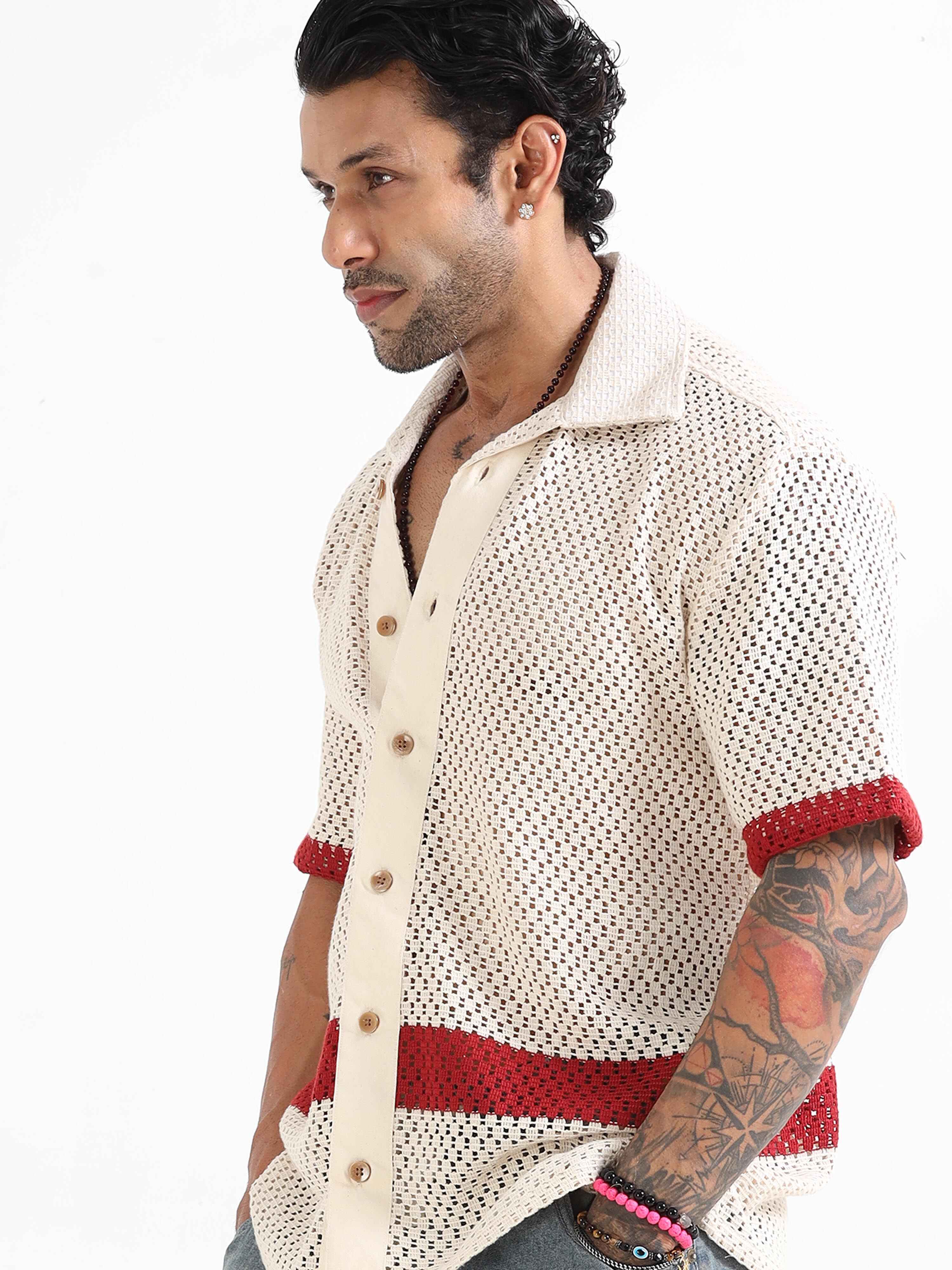 Crochet Knit Shirt In Red Stripe