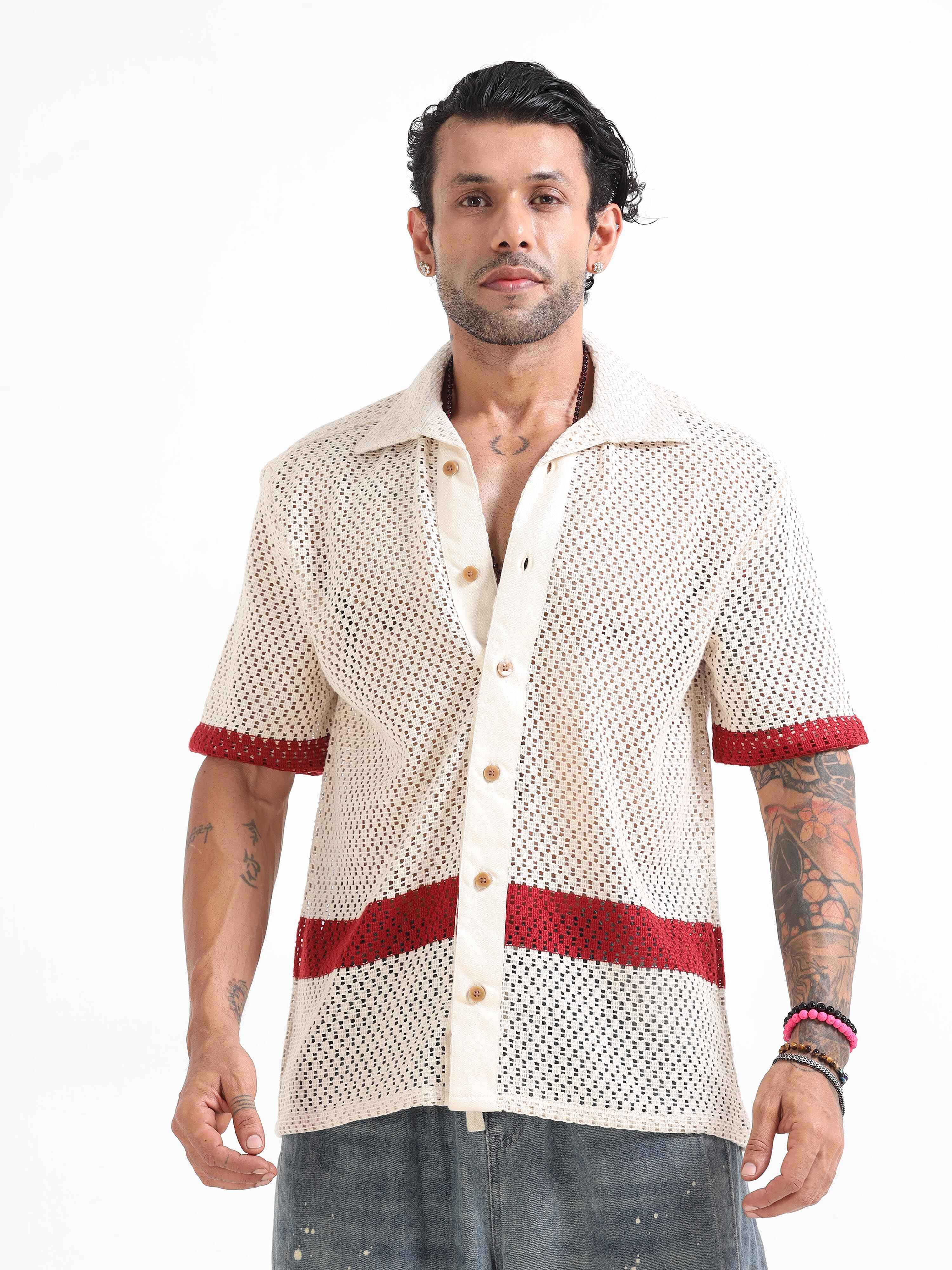 Crochet Knit Shirt In Red Stripe