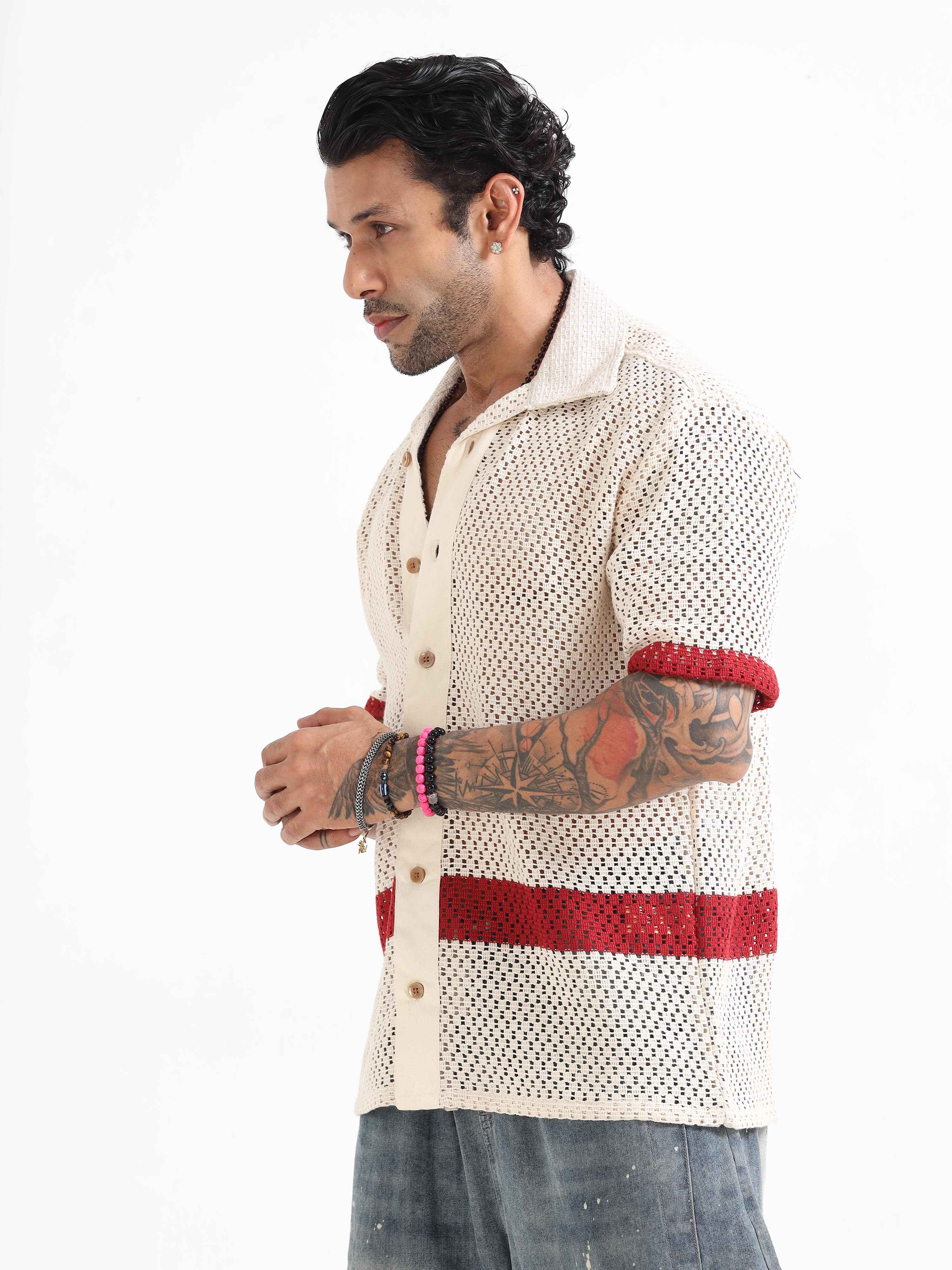 Crochet Knit Shirt In Red Stripe