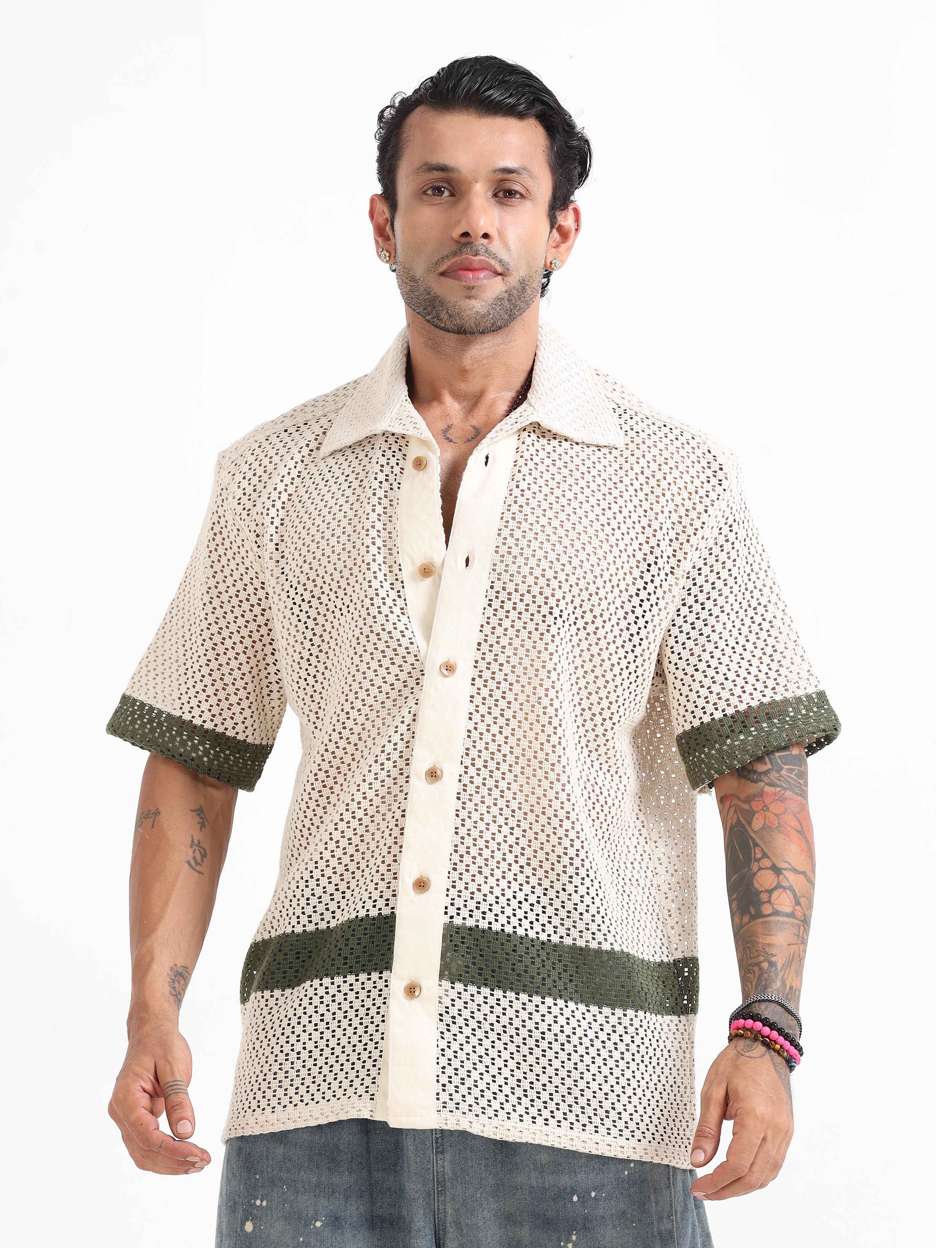 Crochet Knit Shirt In Green Stripe for Men