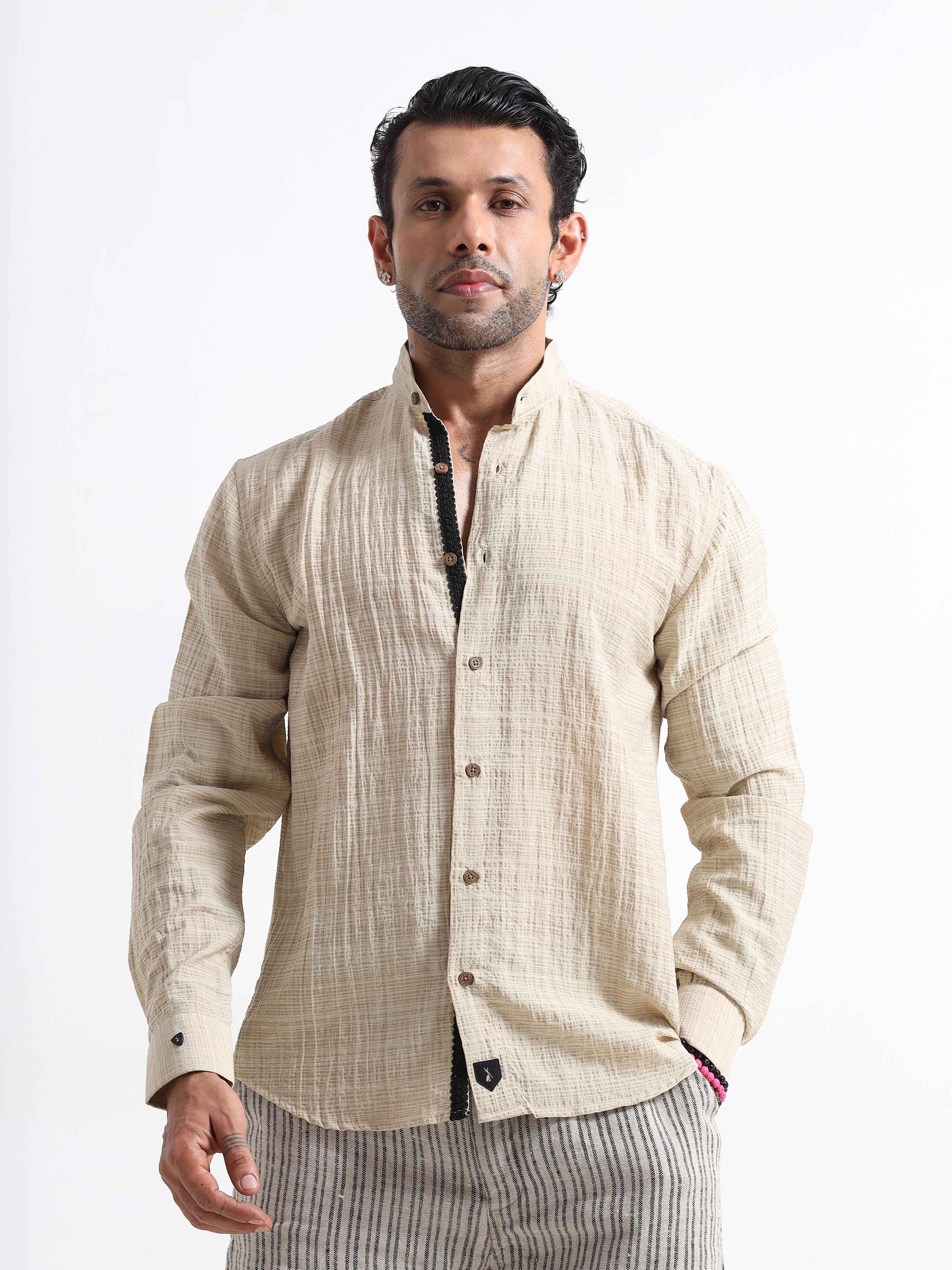 Crushed Mandarin Shirt In Cream for Men