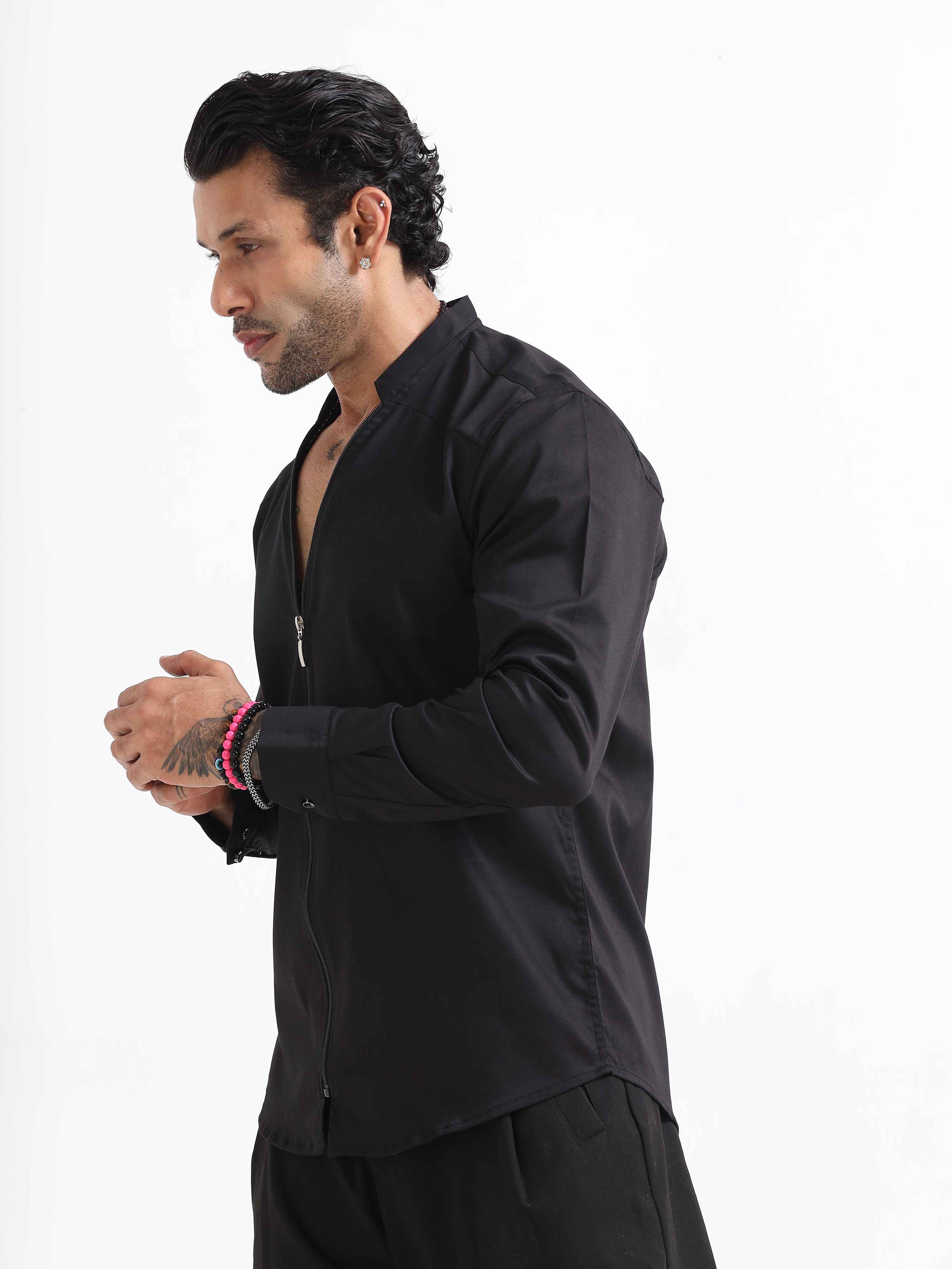 Mens Plain Zip Up Shirt In Black