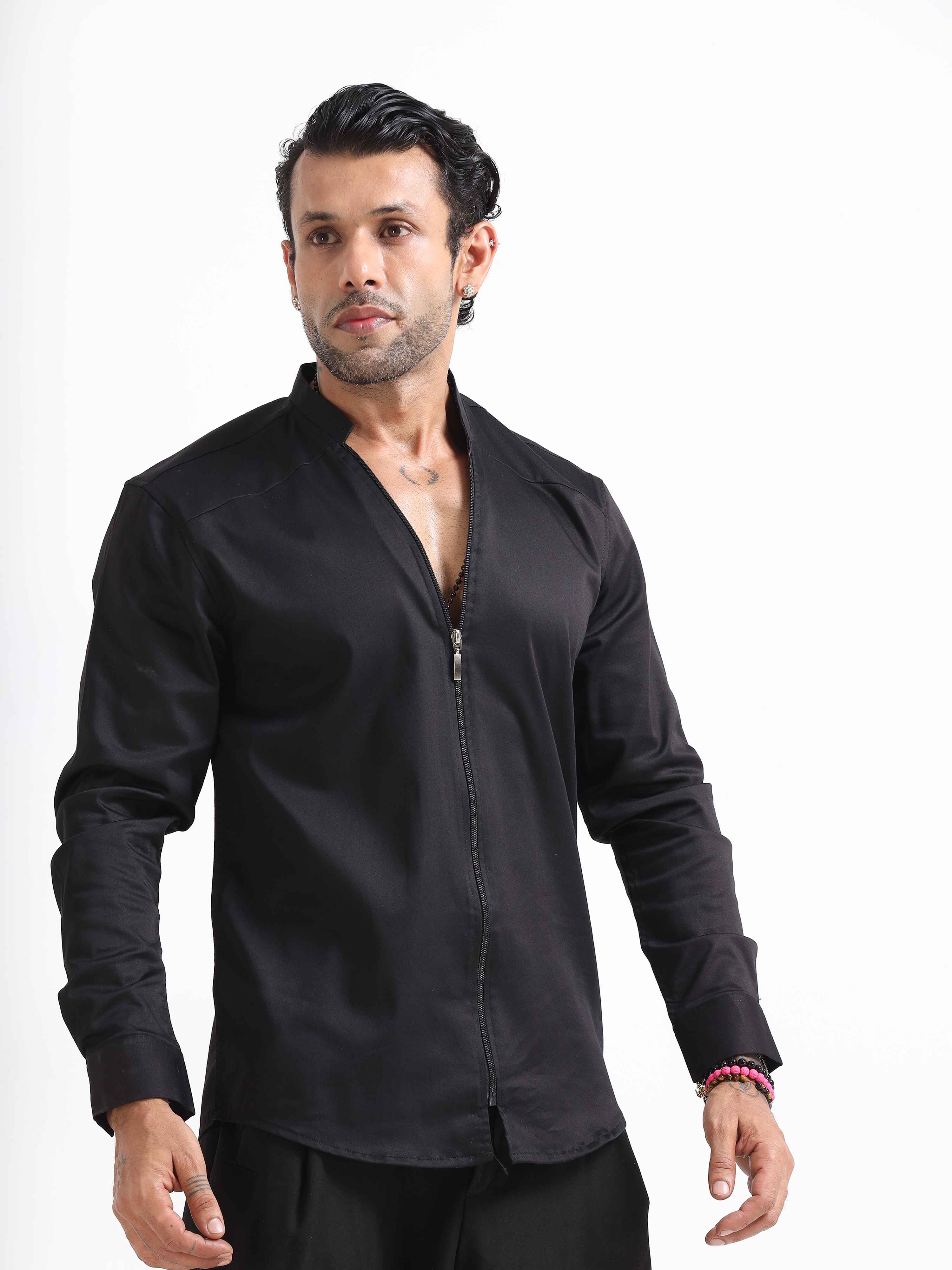 Mens Plain Zip Up Shirt In Black