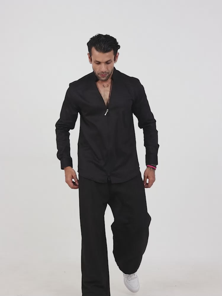 Mens Plain Zip Up Shirt In Black