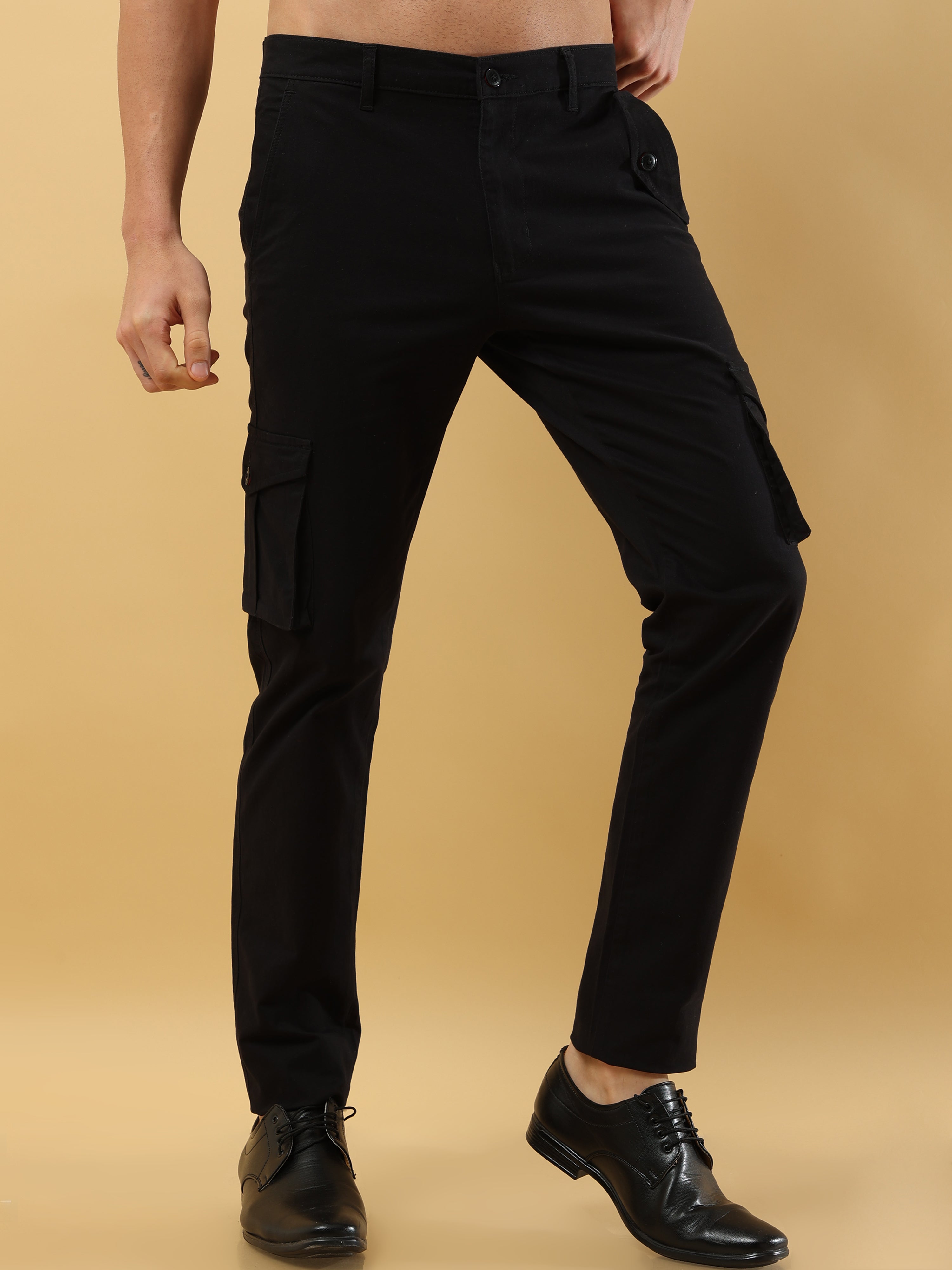 Mens slim fit hot sale black cargo trousers