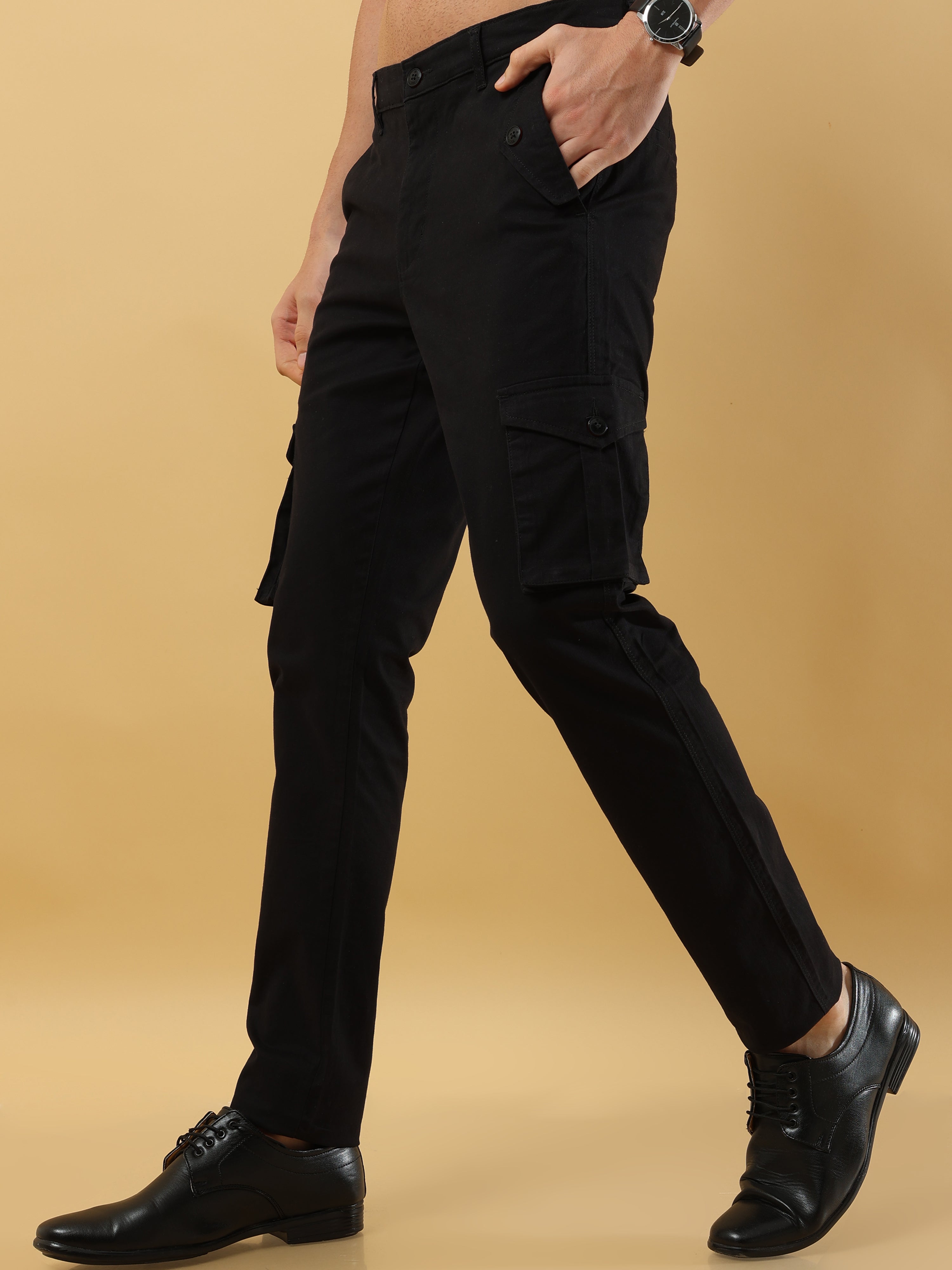 Mens slim fit on sale black cargo trousers